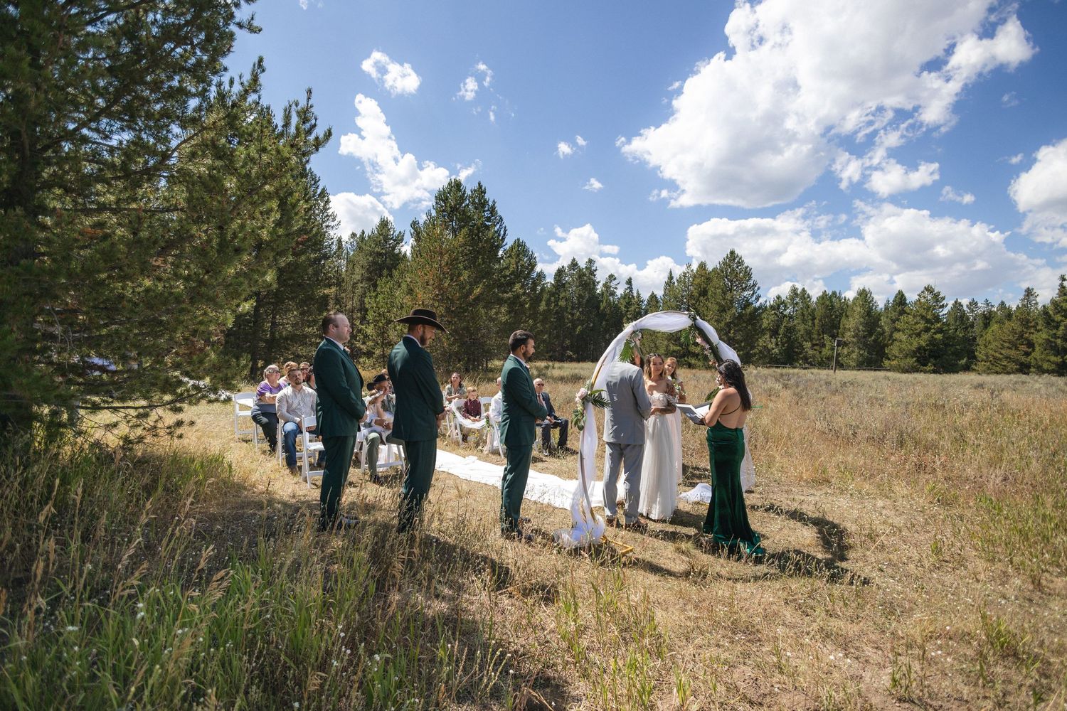 Wedding ceremony in a scenic mountain meadow with pine trees and blue skies.