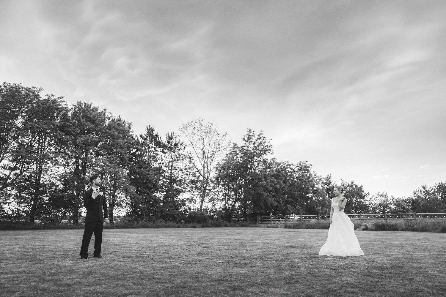 Black and white photo of a bride and groom standing apart on a lawn with trees and cloudy sky backdrop.