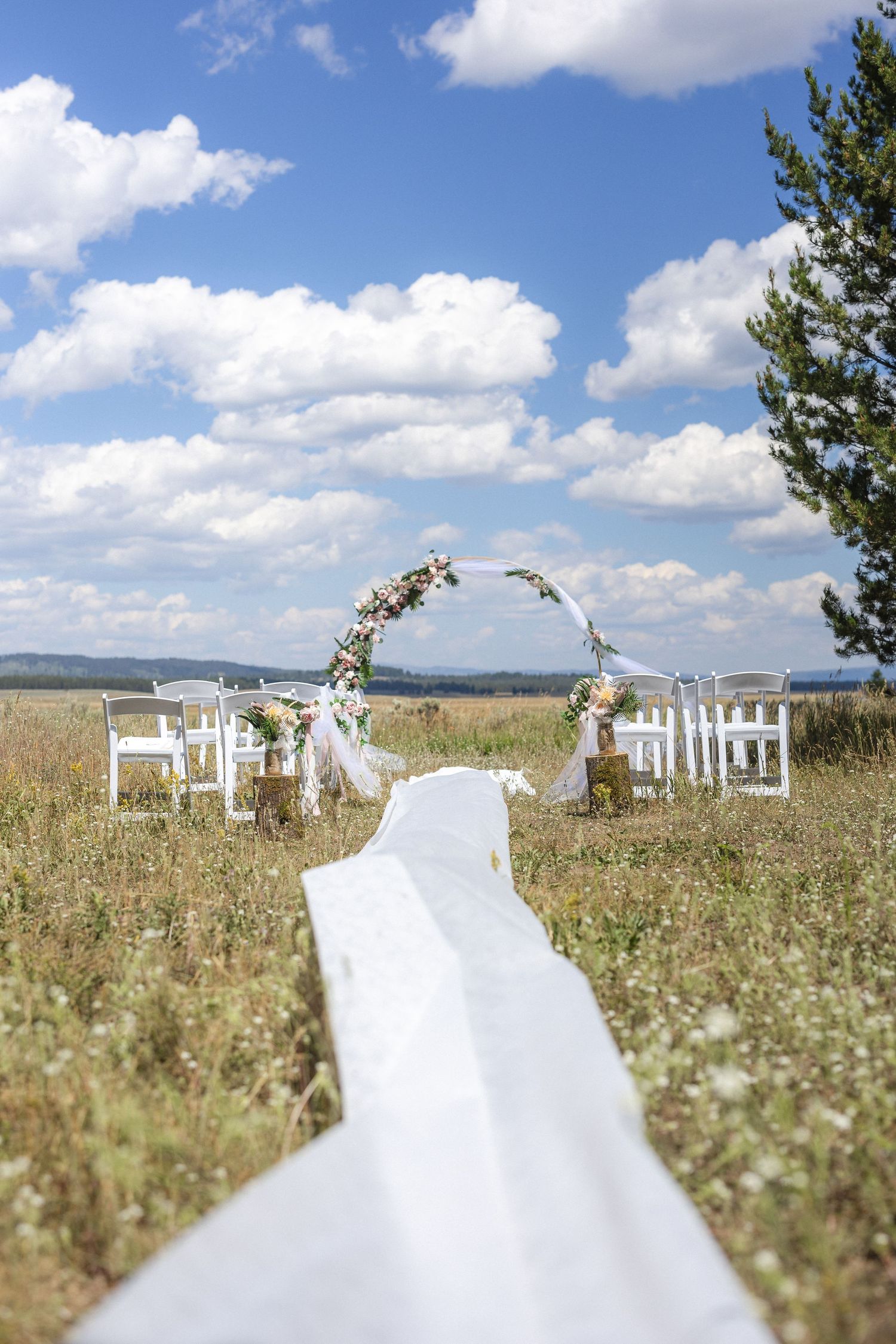 A white aisle runner leads to a decorated wedding arch set up in a rustic outdoor meadow.