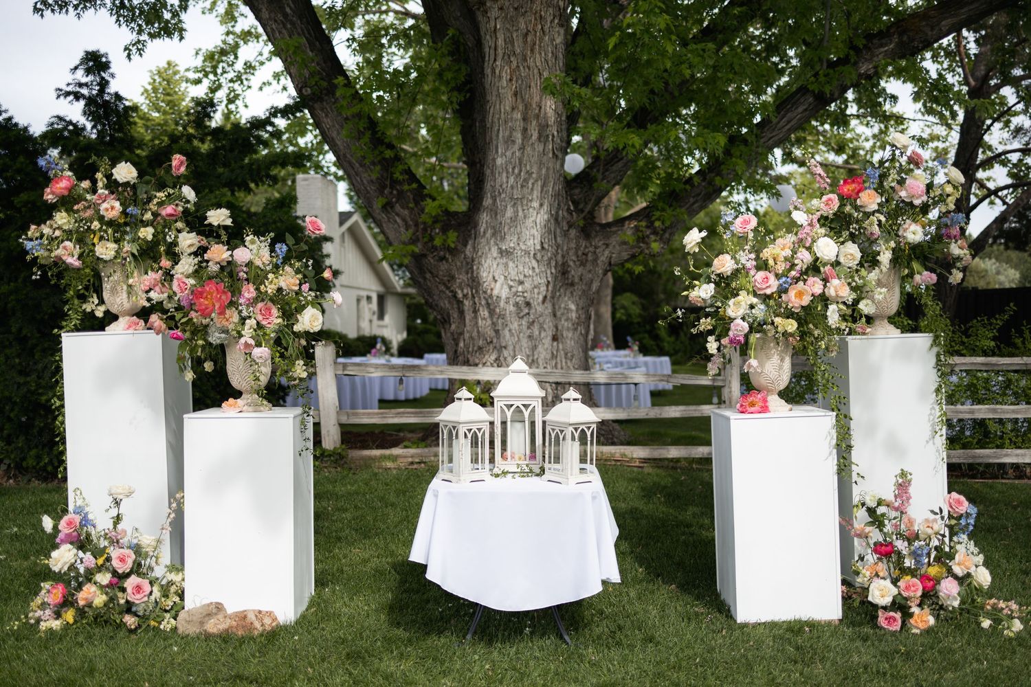 Wedding ceremony setup outdoors with white pedestals and pink floral arrangements under a large tree.