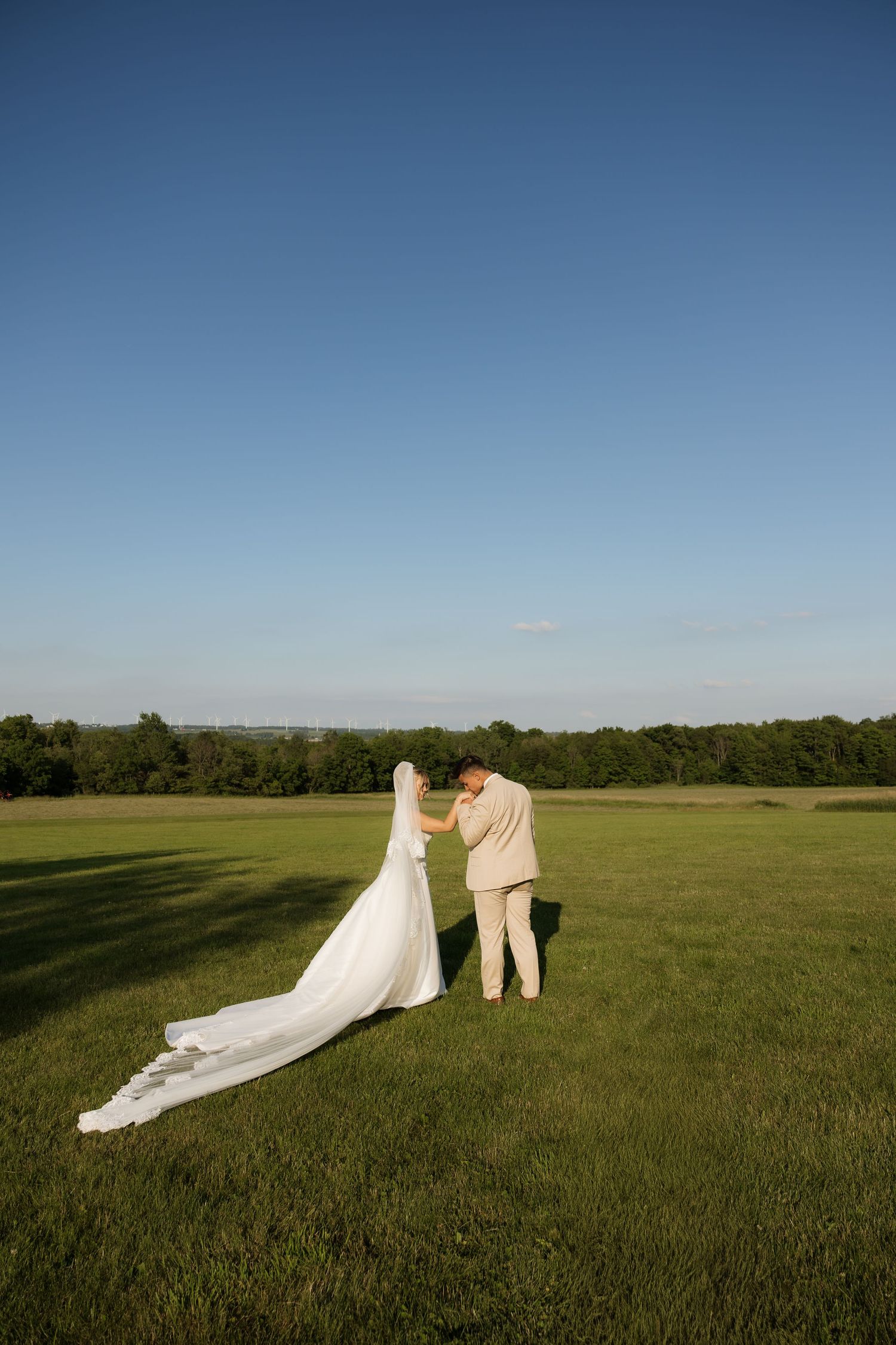 Bride and groom stand together in a lush green field under a clear blue sky, bride's long white veil trailing behind.