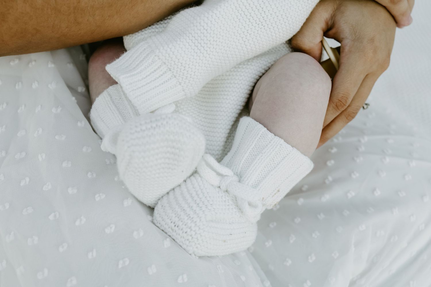 Close-up of newborn baby's feet in white knitted booties resting on dotted white blanket.