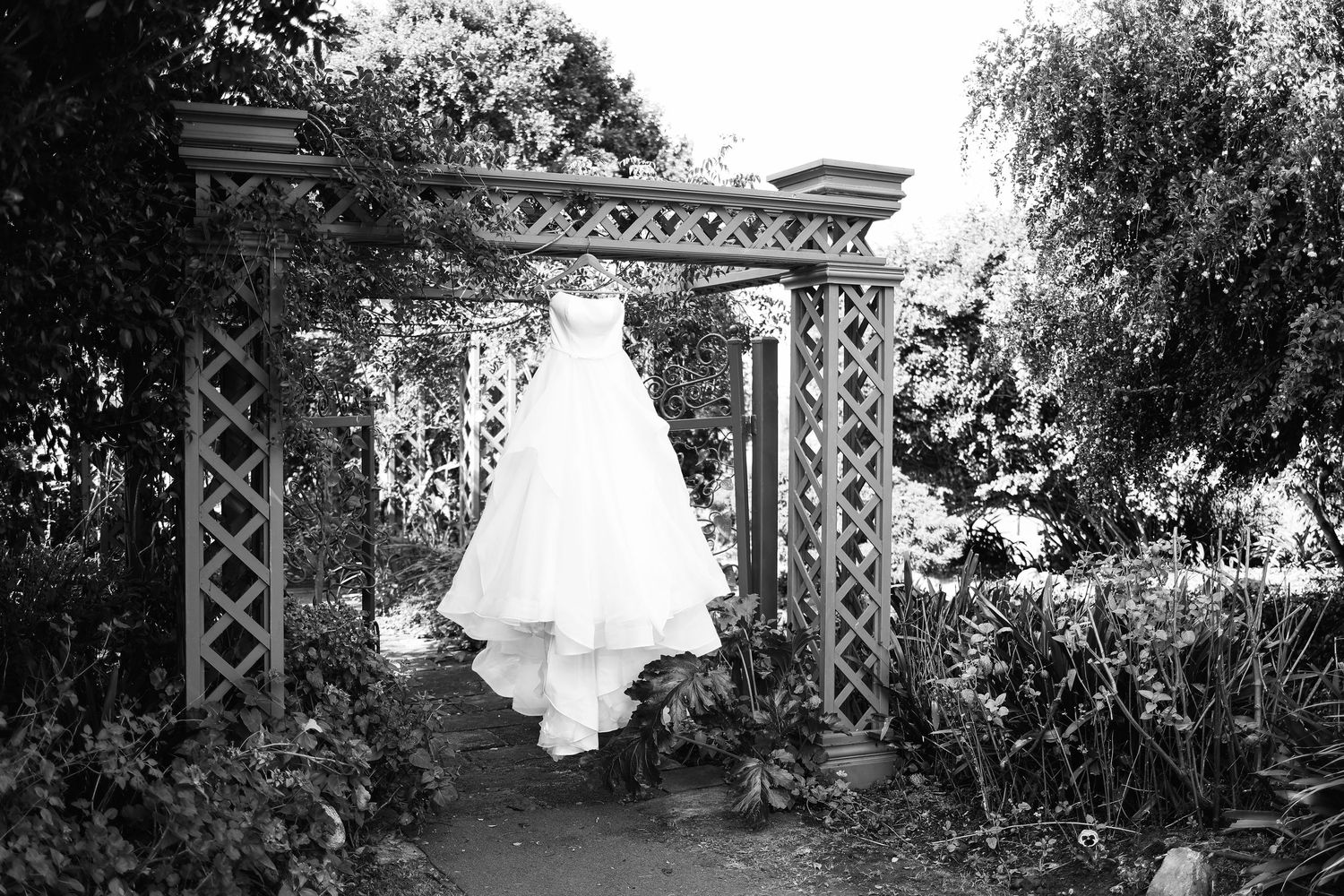 Black and white wedding dress hanging elegantly under garden lattice archway.