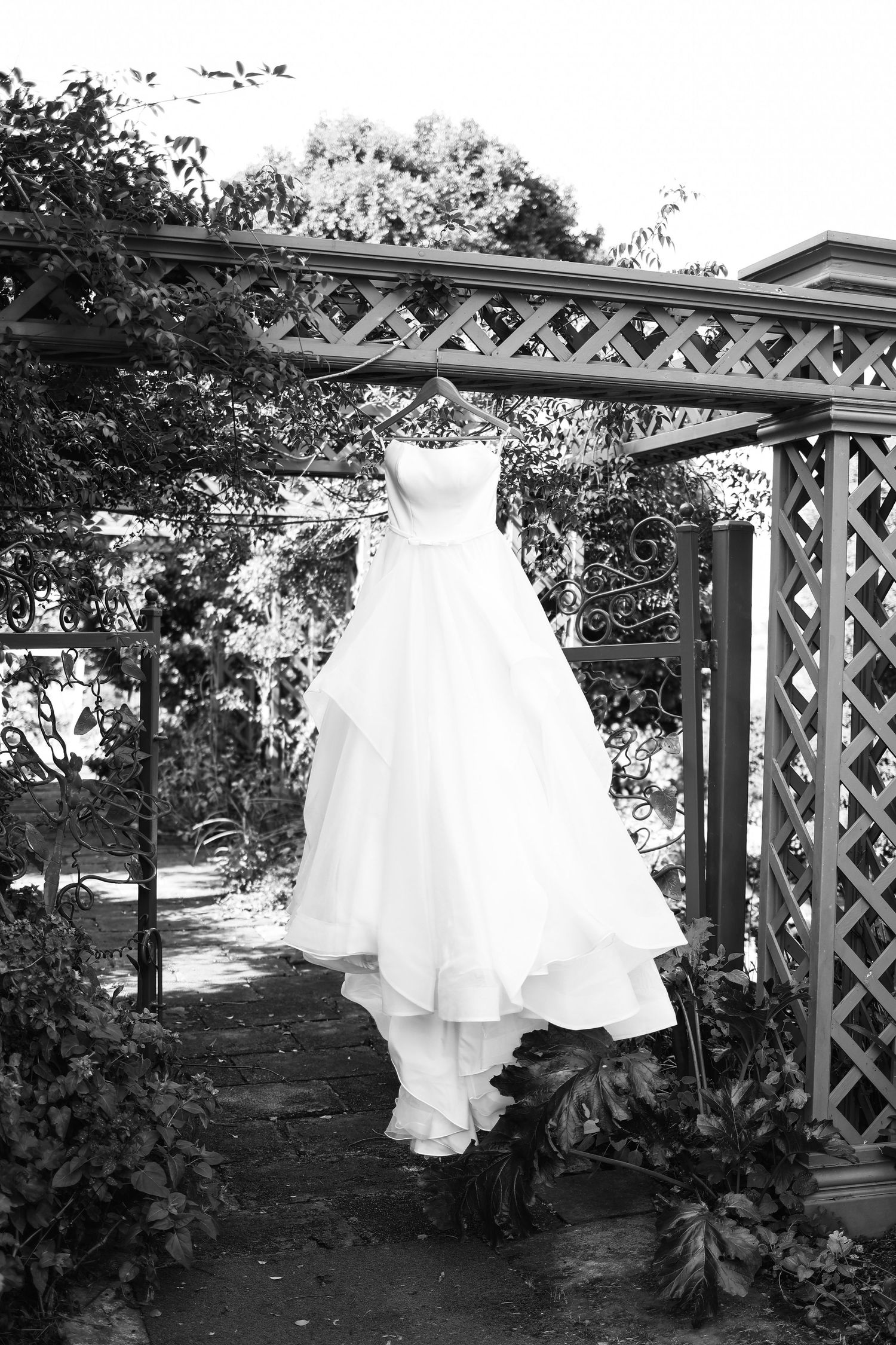 Black and white photo of an elegant strapless wedding dress hanging on a garden gazebo surrounded by lush greenery.