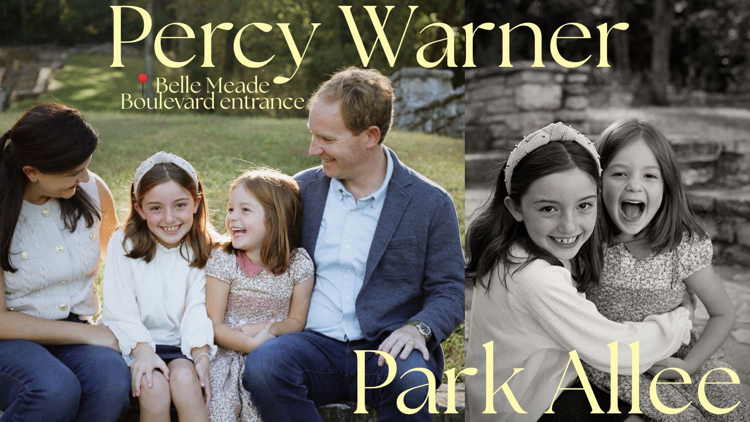 Family poses with two young girls at Percy Warner Park Belle Meade Boulevard entrance, alongside a Park Allee sign.