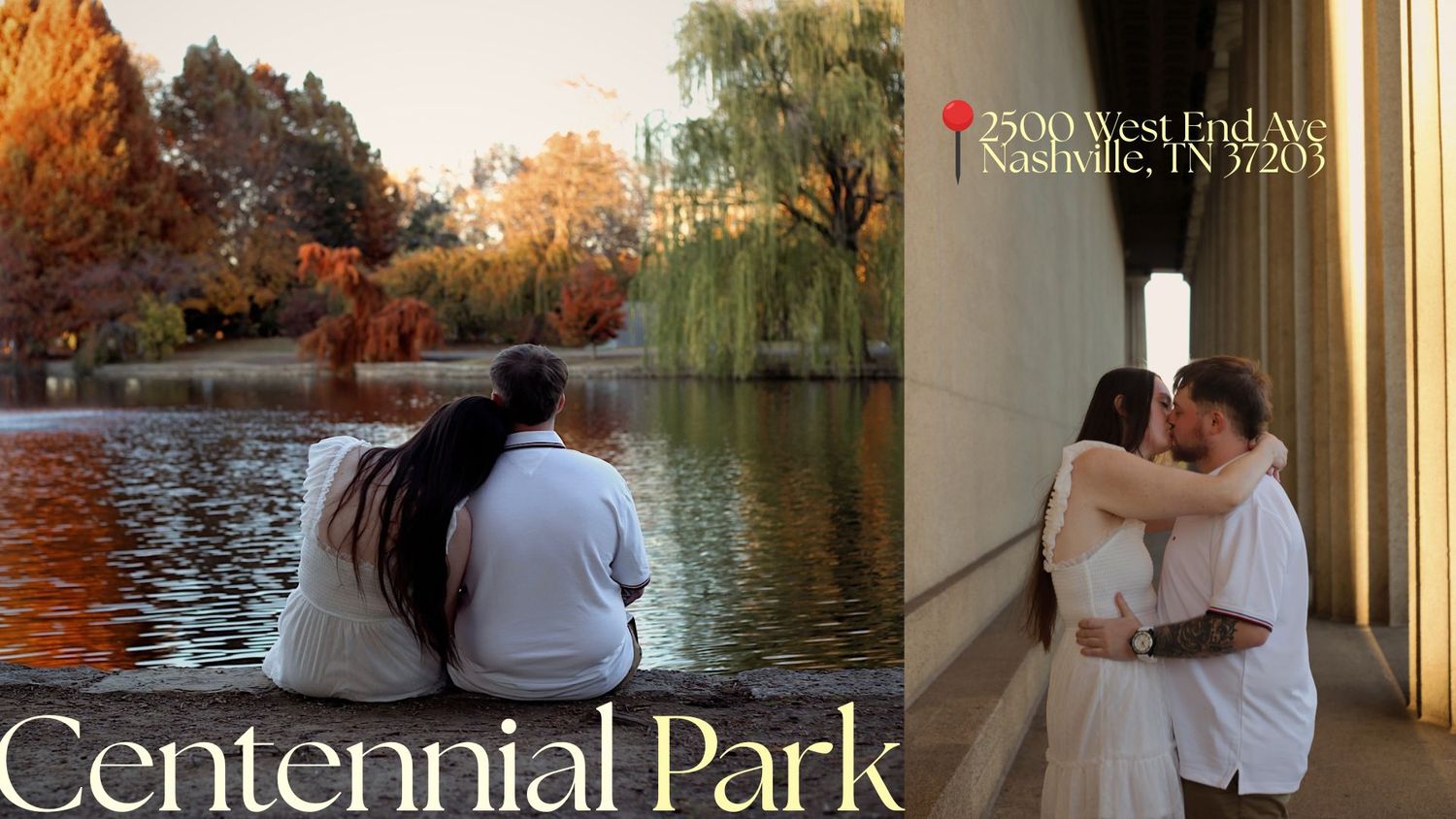 Couple sitting by a pond at Centennial Park Nashville TN embracing outdoors near 2500 West End Ave.