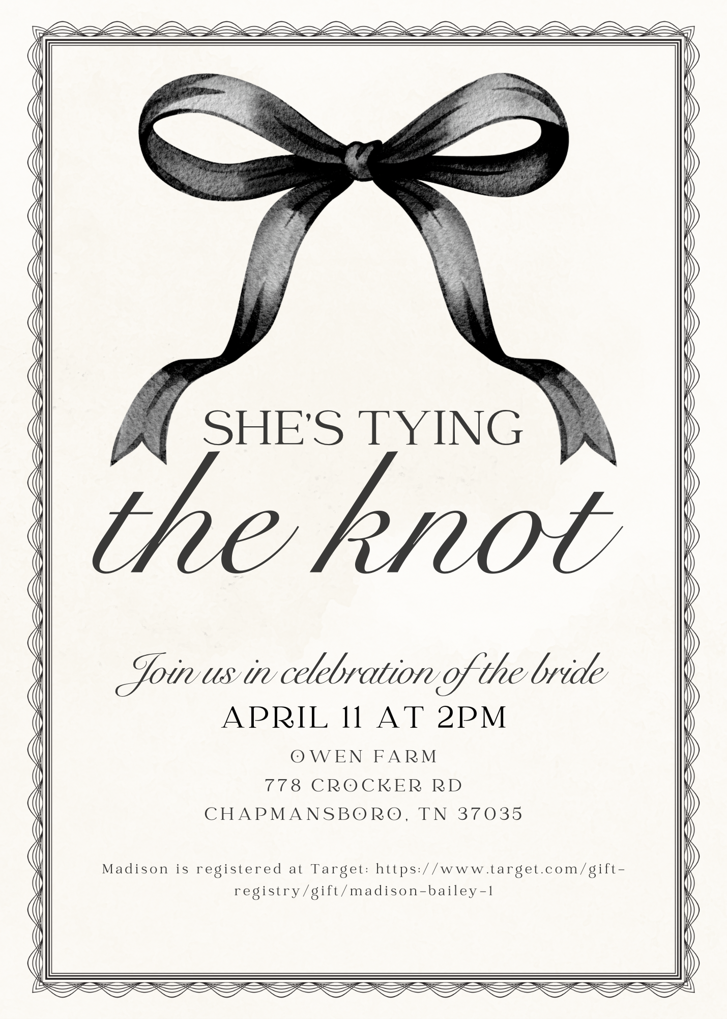 wedding shower classic black and white bow sign nashville tn belle Meade tn