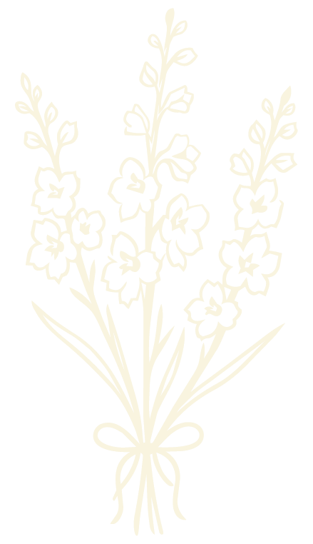 Elegant cream botanical illustration of a tied wildflower bouquet with ribbon detail.