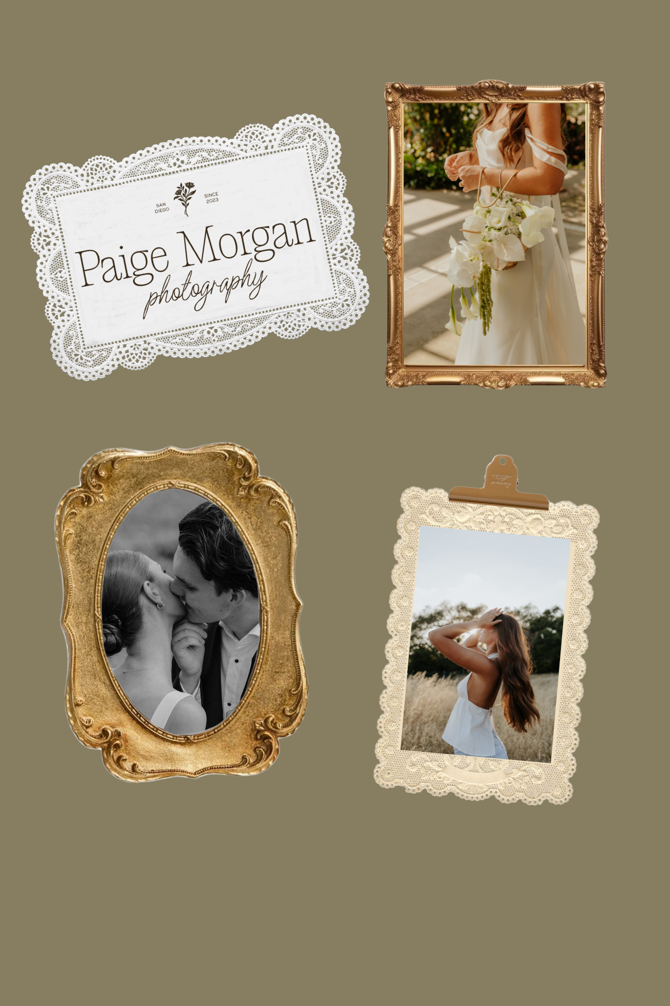 Paige Morgan Photography logo collage with wedding couple and bride bouquet in vintage gold frames.