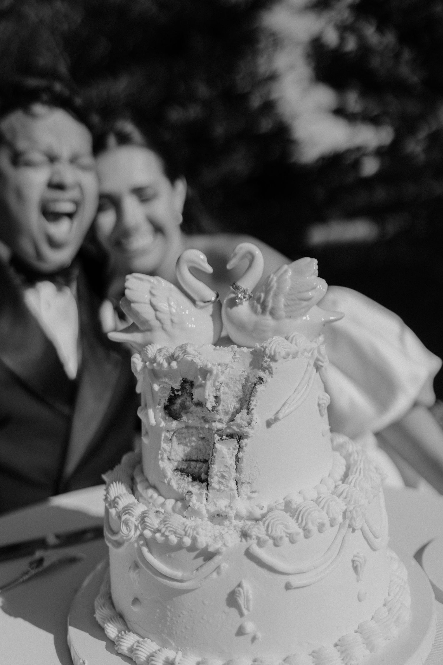 Black and white photo of joyful newlyweds behind elegant tiered wedding cake topped with swan figurines.
