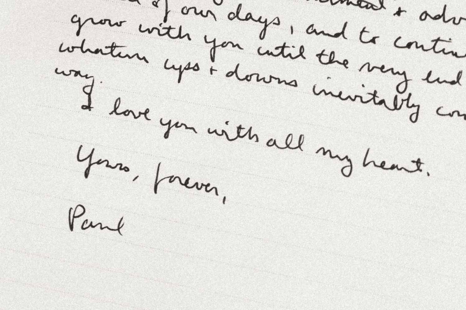 Handwritten wedding vow letter signed with love, ending with heartfelt words yours forever from Paul to his bride.