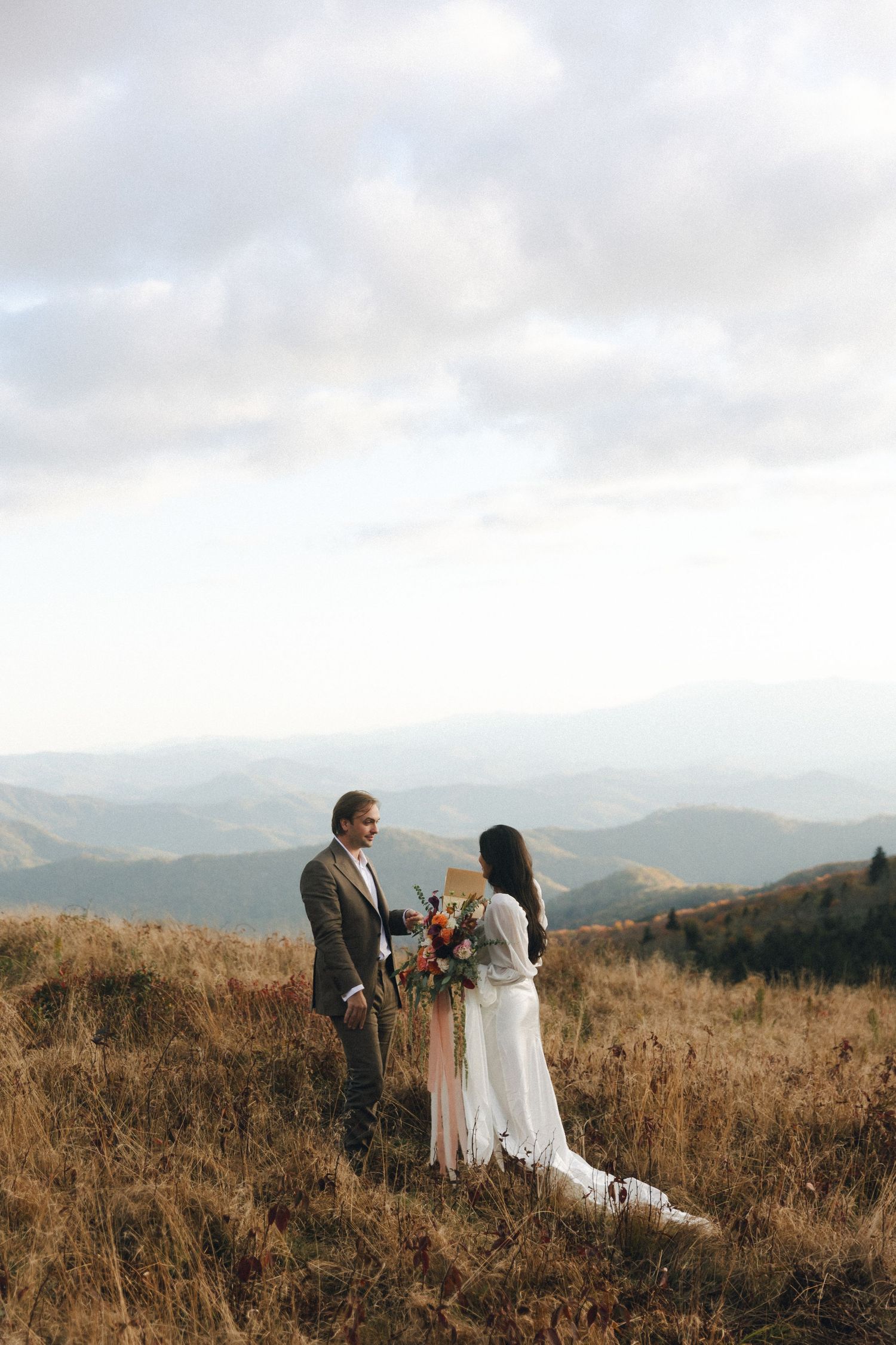 Bride and groom exchanging vows on scenic mountain overlook with sweeping valley views under cloudy sky.