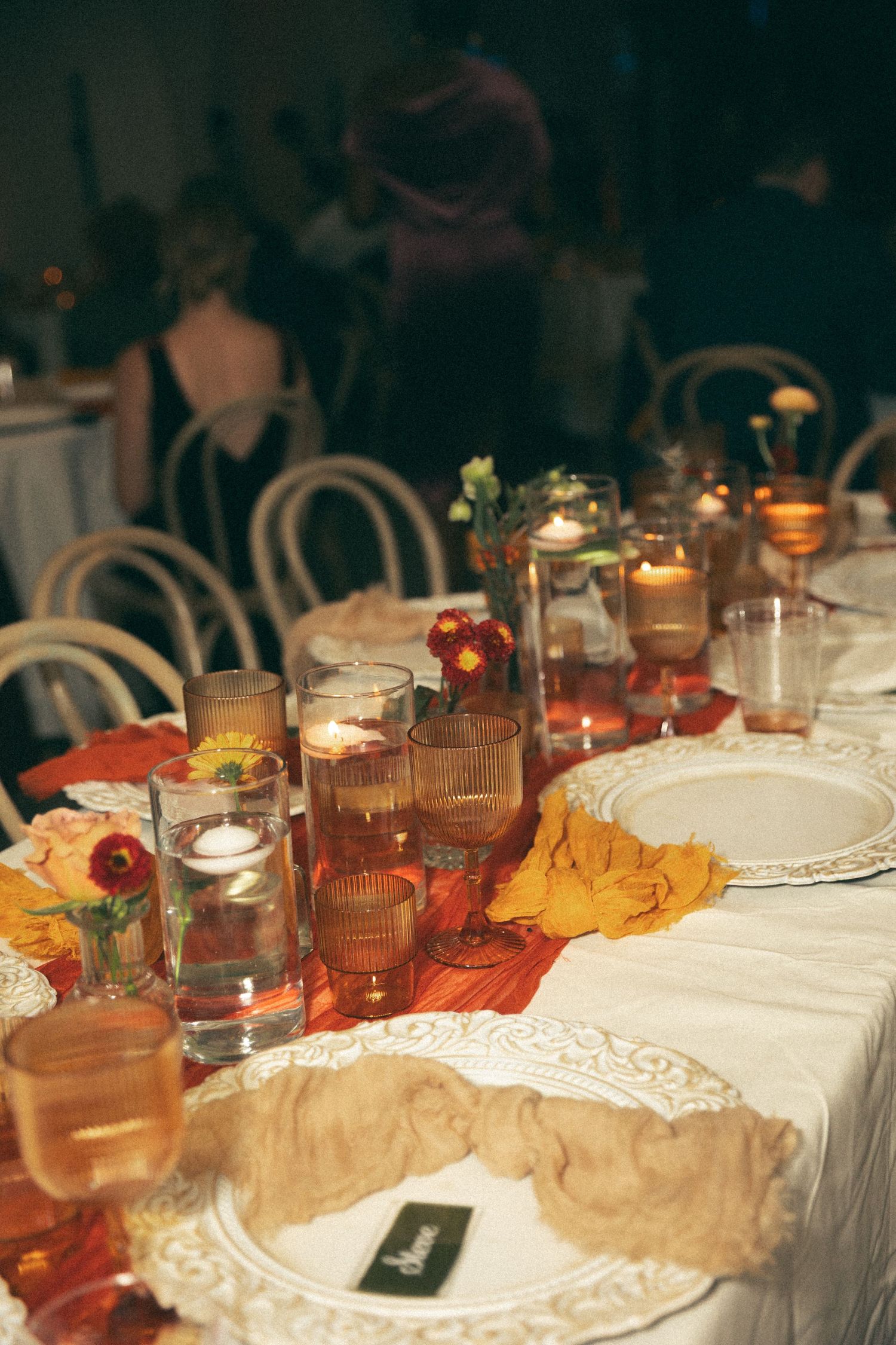 Modern fall candlelit wedding reception table in charlotte north carolina