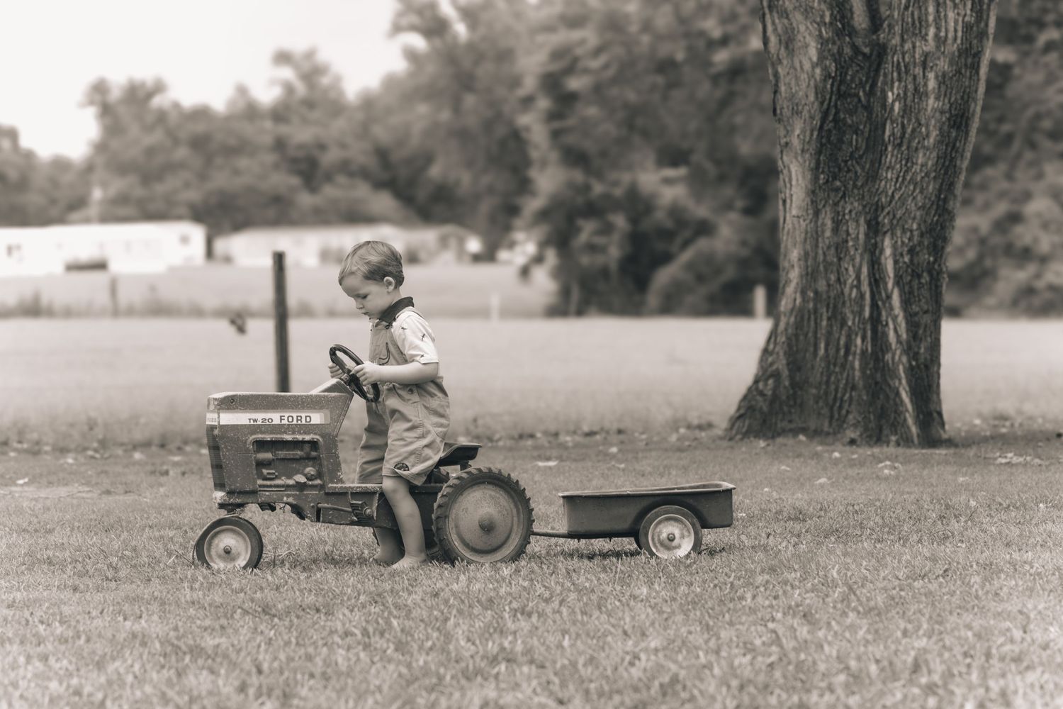 Black and white photo of a young boy riding a pedal tractor with a trailer across a grassy yard near a large tree.