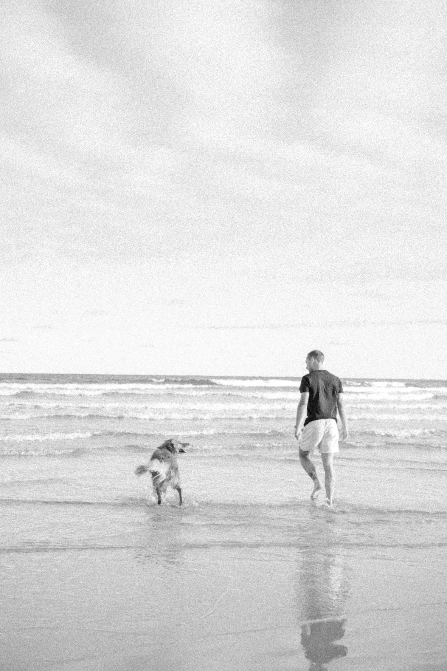 Black and white photo of man and golden retriever dog walking along ocean shoreline waves.