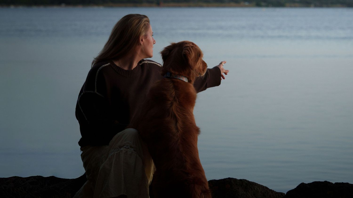 Woman and golden retriever dog sitting together on rocks gazing at calm lake at dusk.
