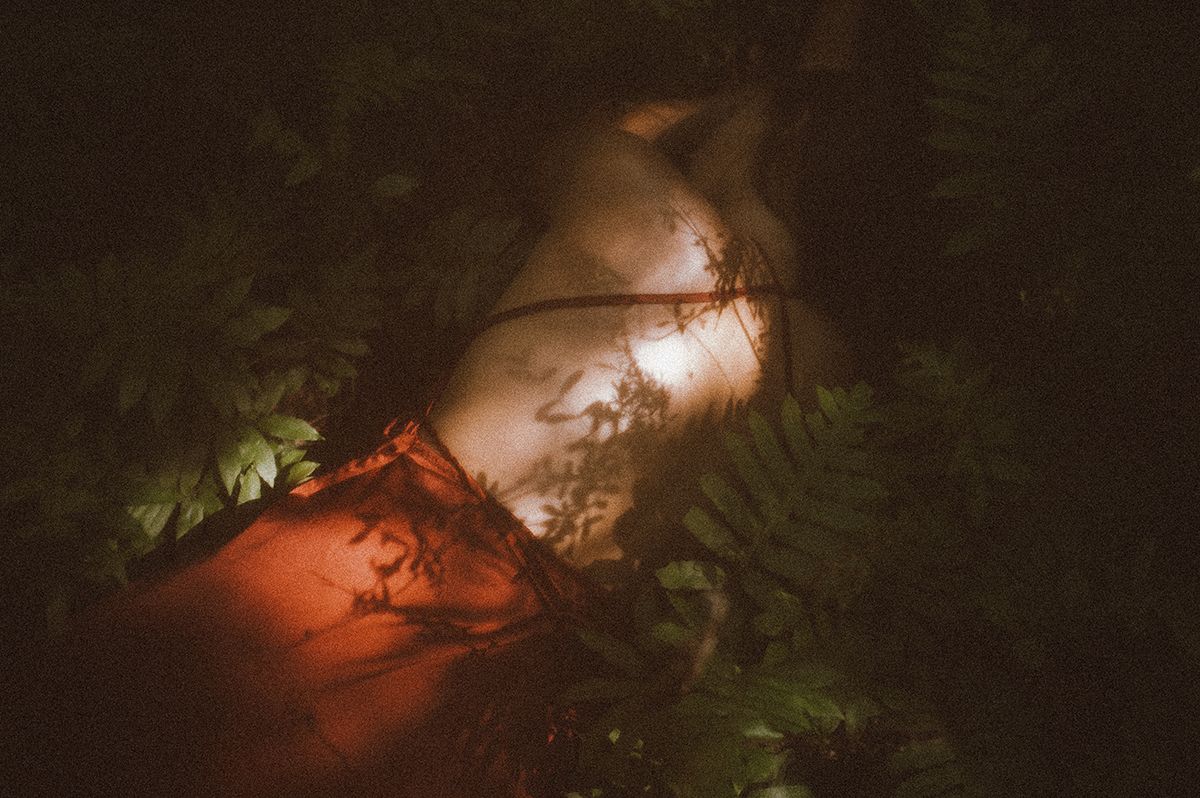 A figure rests among ferns and foliage in warm firelight, nature-based embodiment photography in the Upstate