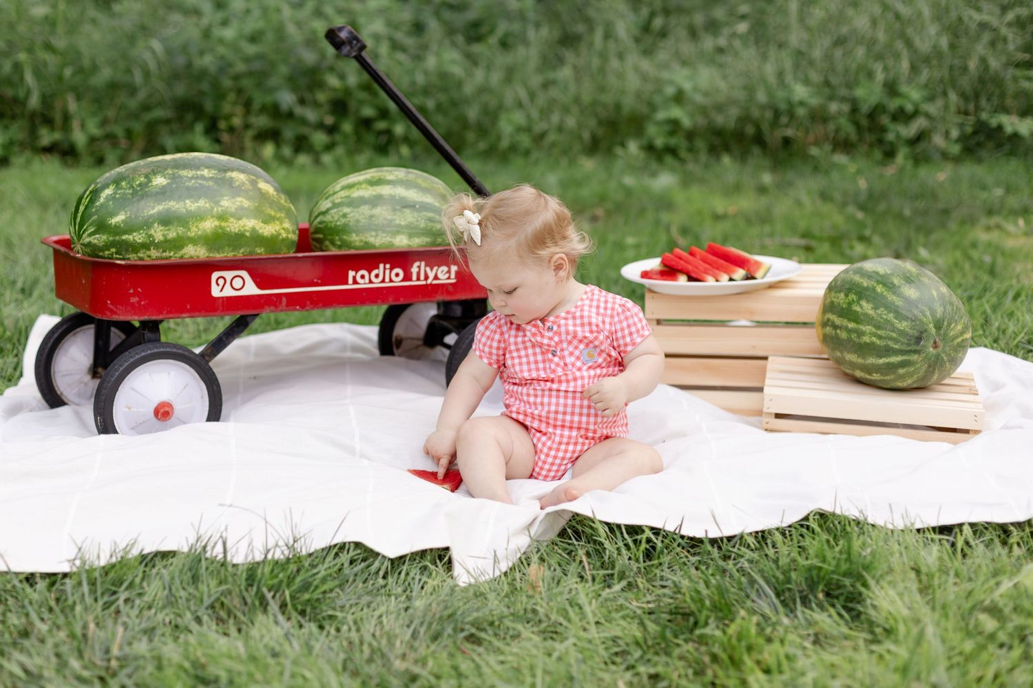 Toddler girl on white blanket outdoors with Radio Flyer wagon and watermelons for mini photo session at Arbuckle Acres Park.