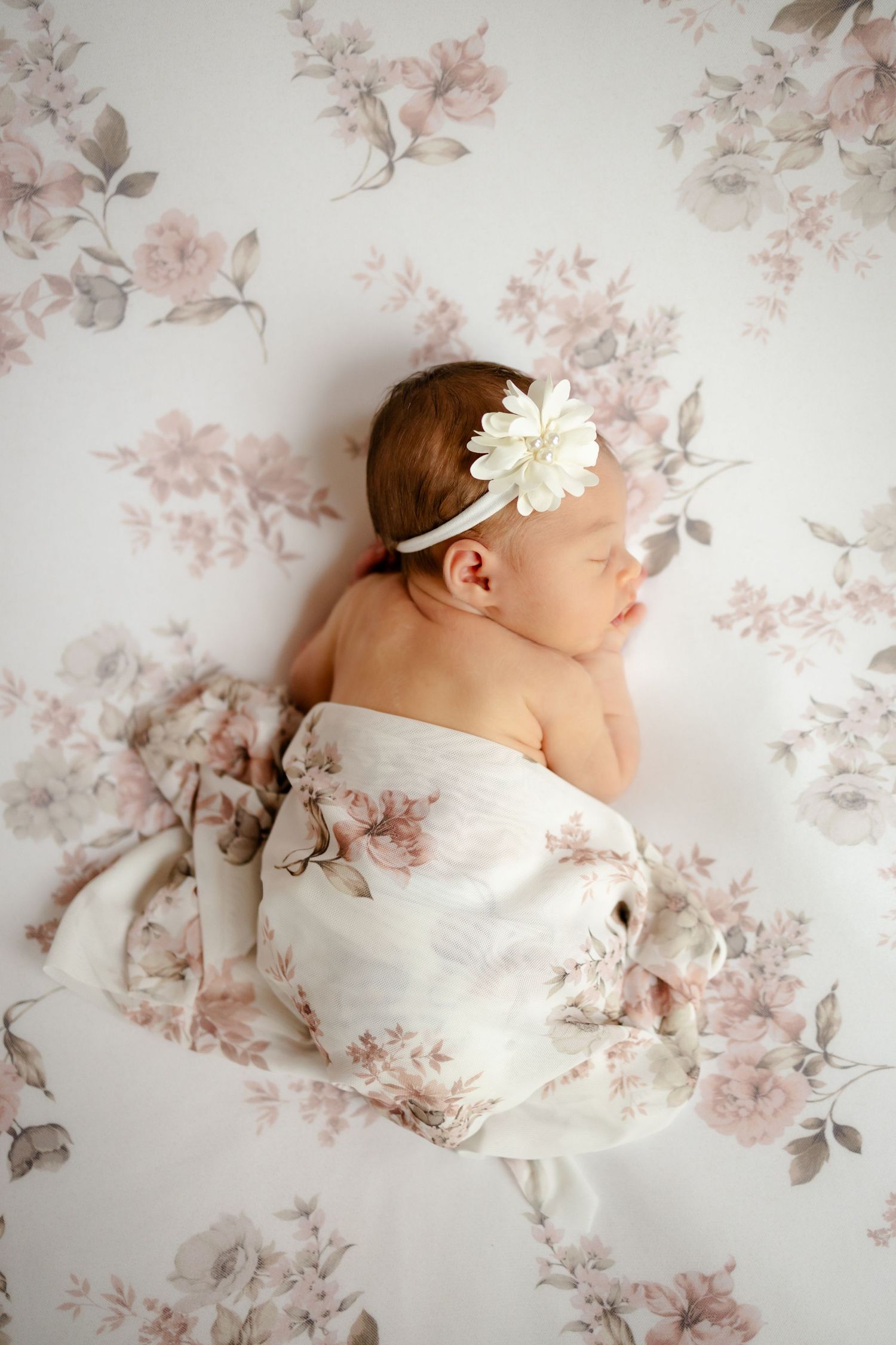 Sleeping newborn baby girl on floral backdrop at newborn photoshoot in Avon, Indiana by Katy Rose Photography.