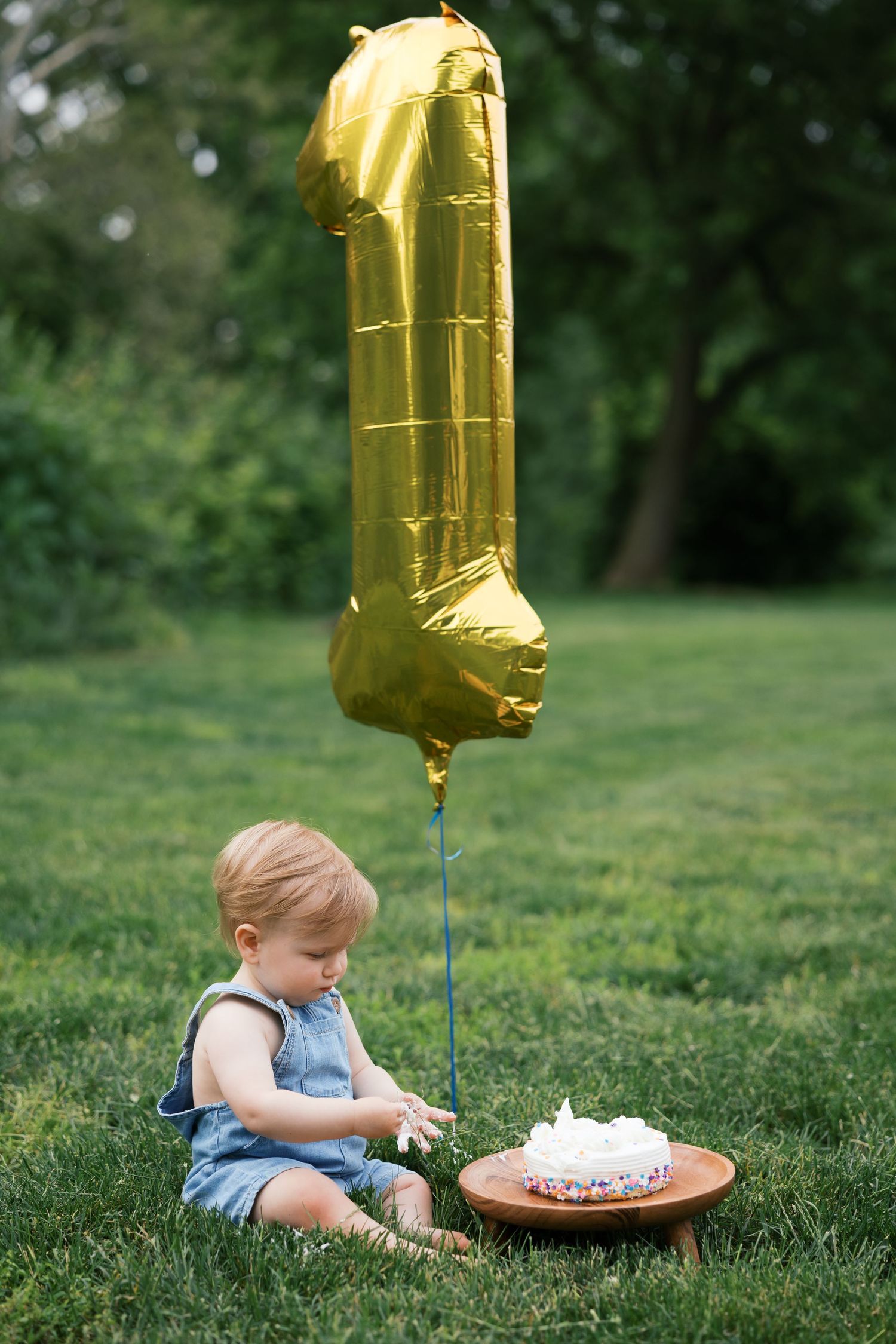A baby celebrates their first birthday outdoors, sitting on grass beside a small cake and gold number one balloon.