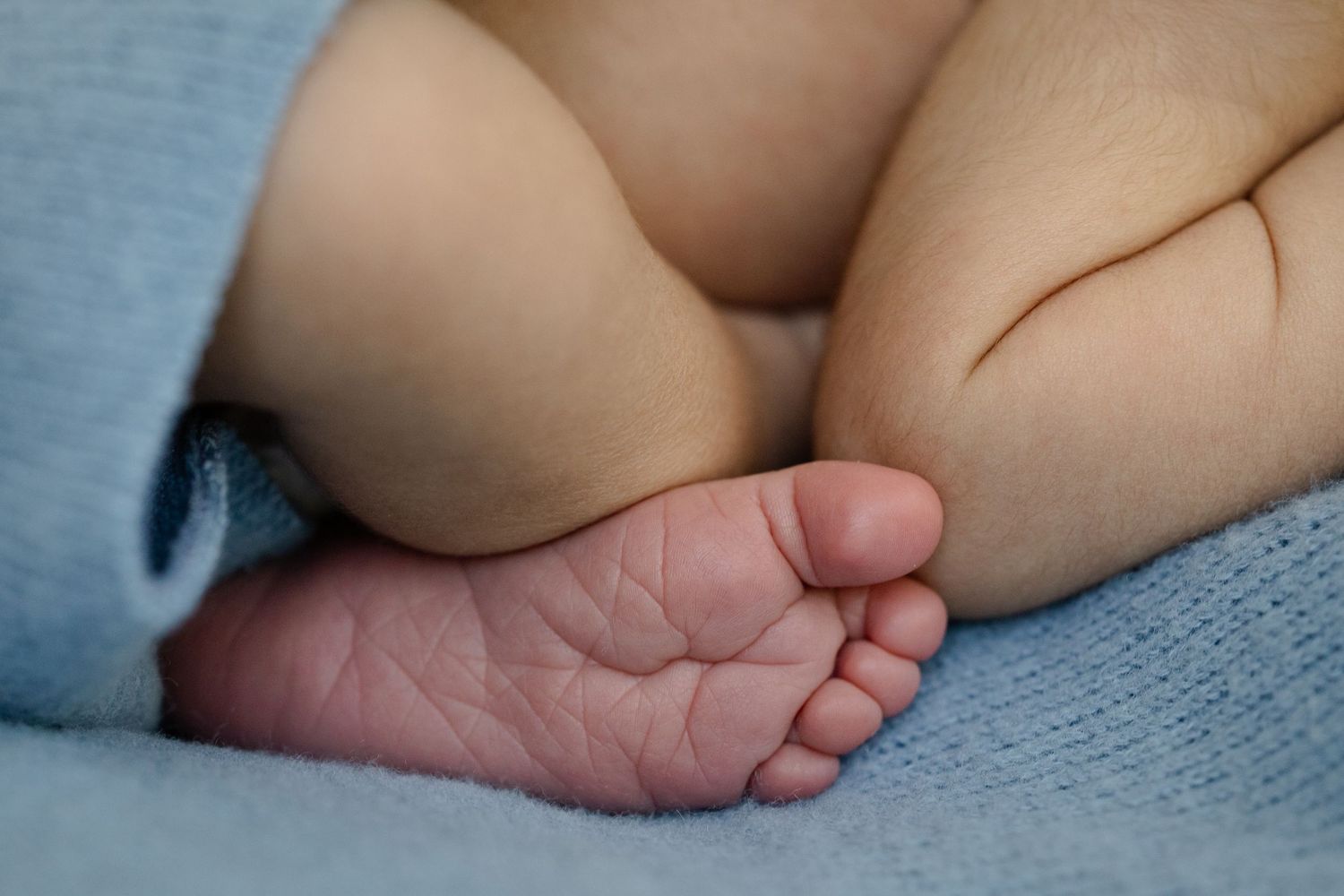 Close-up of tiny newborn baby feet resting on a soft blue blanket during Indianapolis Newborn Session by Katy Rose Photography.