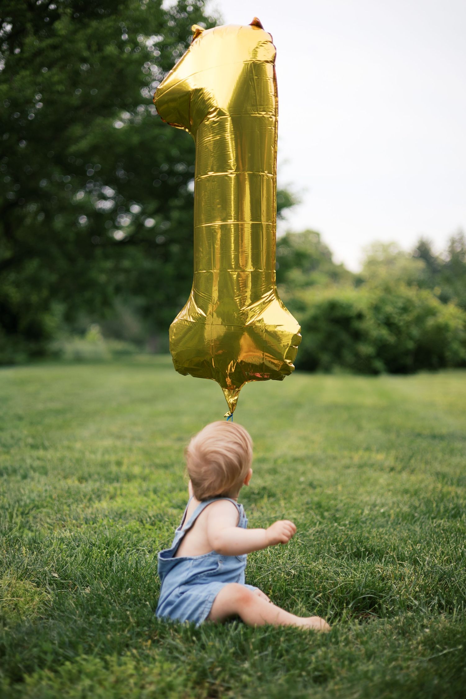 Baby sits grass holding a gold number one balloon, celebrating their first birthday at Indianapolis Family Session by Katy Rose Photography.