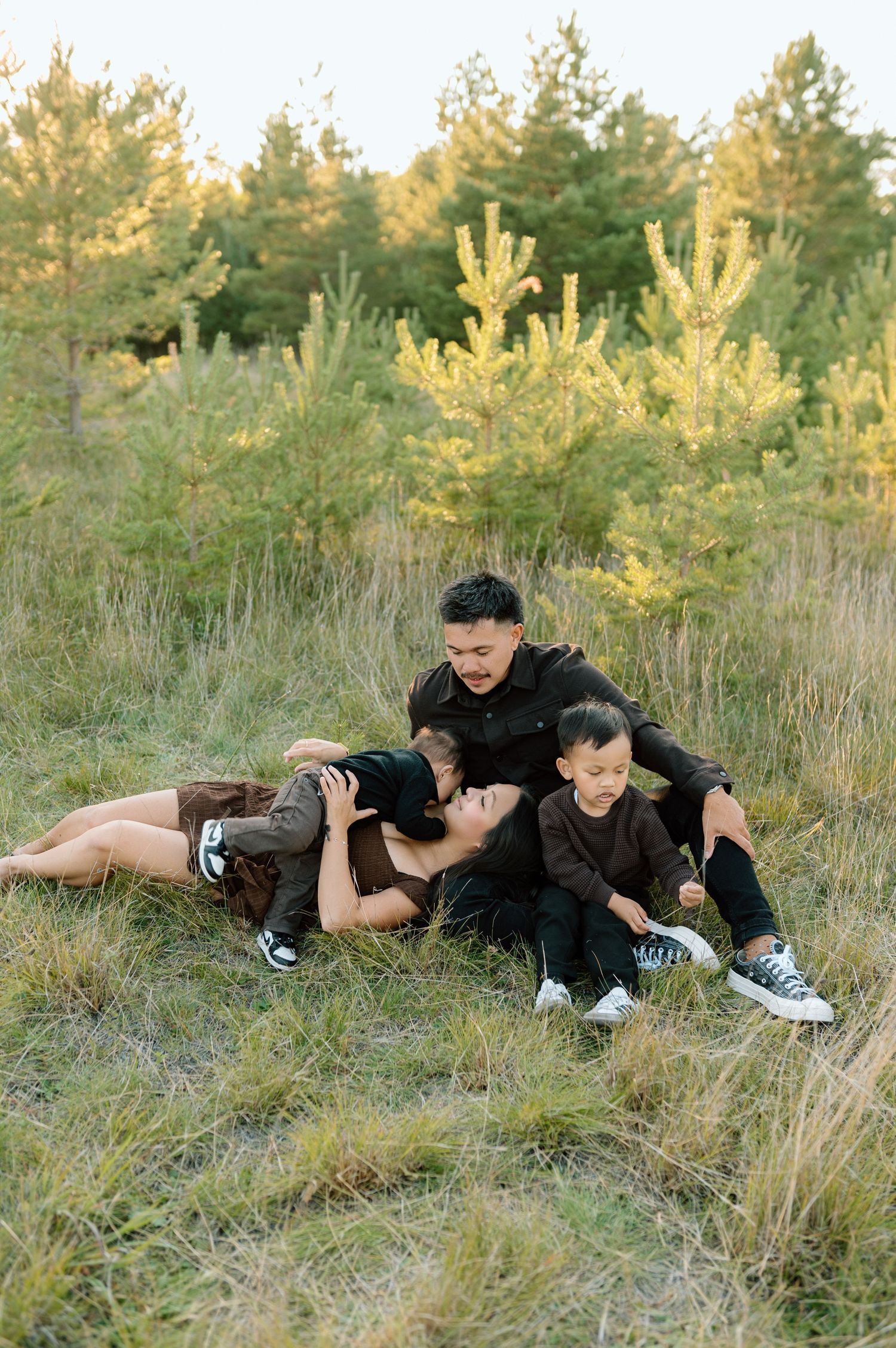 Family of four relaxing together in a grassy meadow surrounded by pine trees at golden hour.