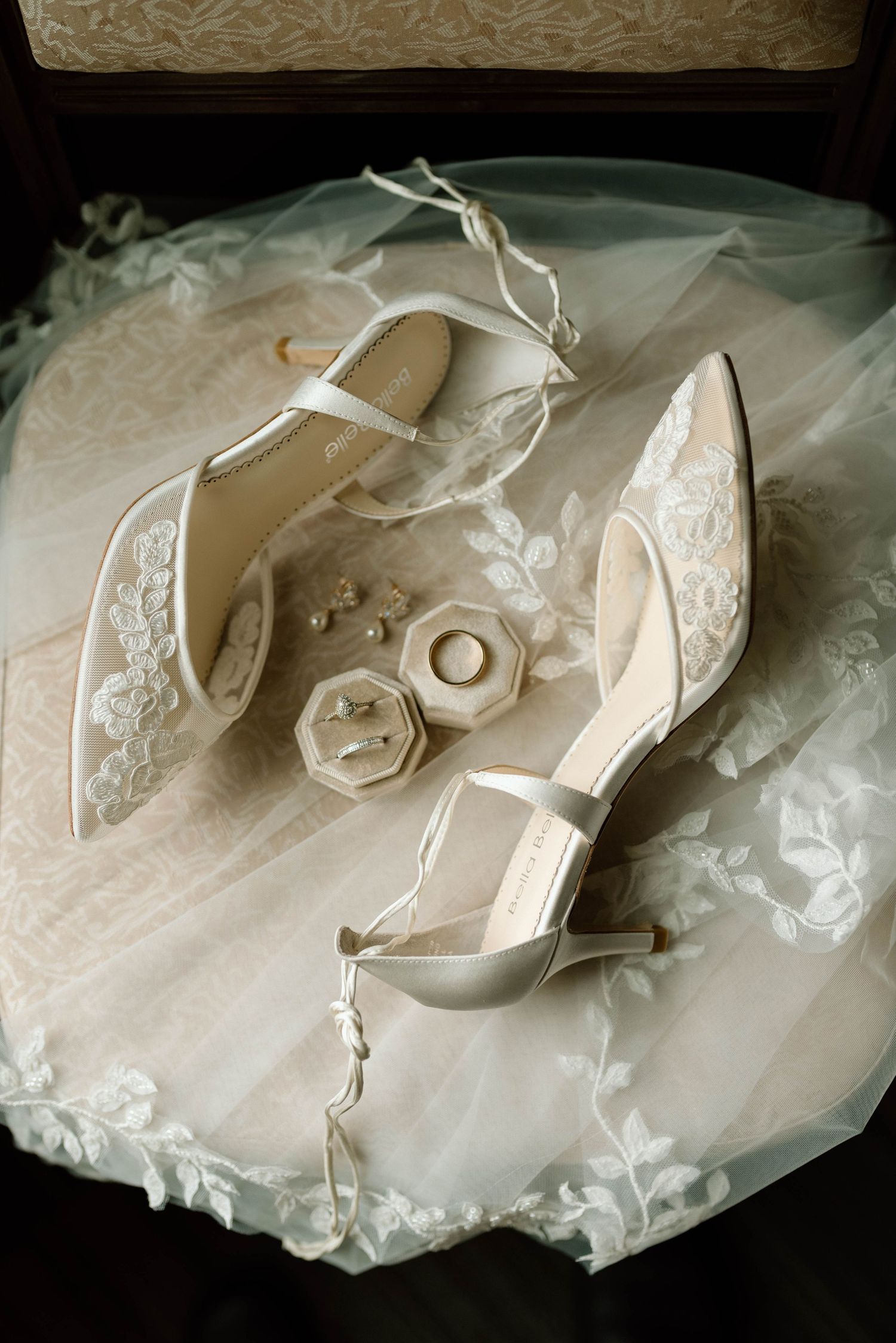 White lace bridal heels and ring box with pearl earrings arranged on delicate floral veil.