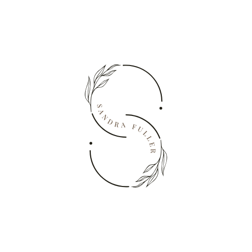 Elegant minimalist logo design featuring botanical leaf illustrations forming the letter S with Sandra Fuller text.