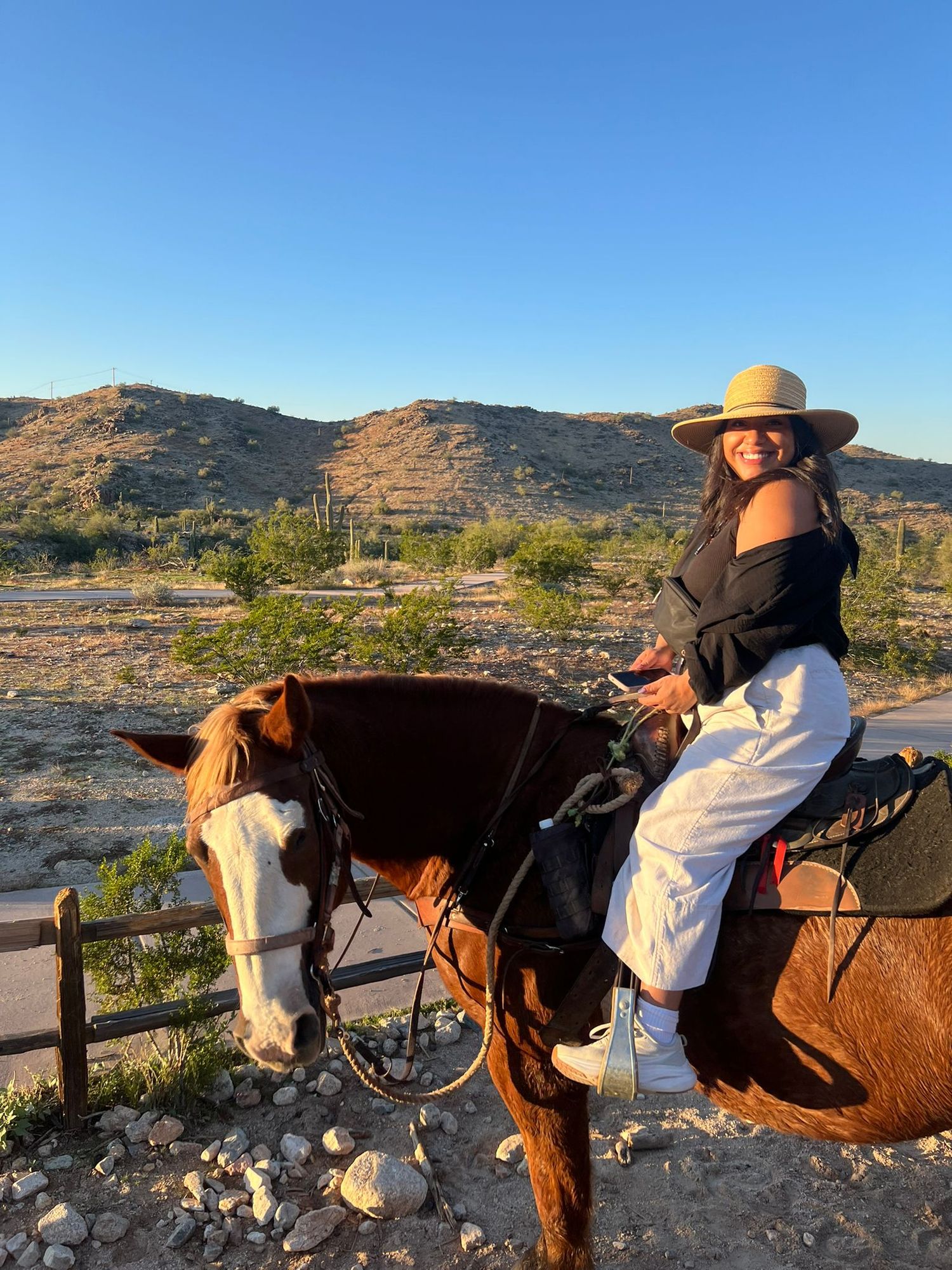 Woman in straw hat riding brown horse in desert landscape at sunset.