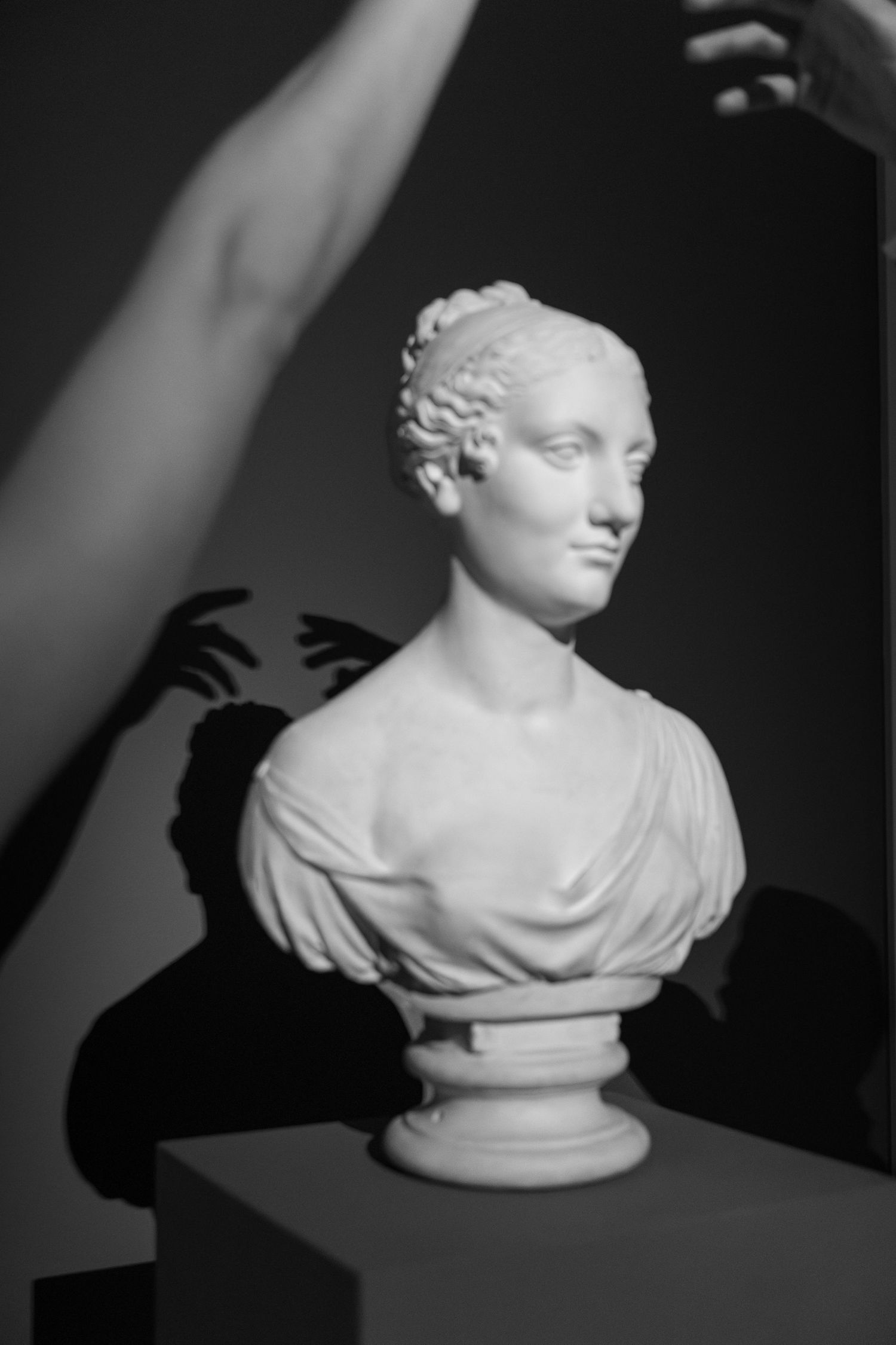 Classical white marble bust sculpture displayed on pedestal with dramatic shadows in black and white photography.