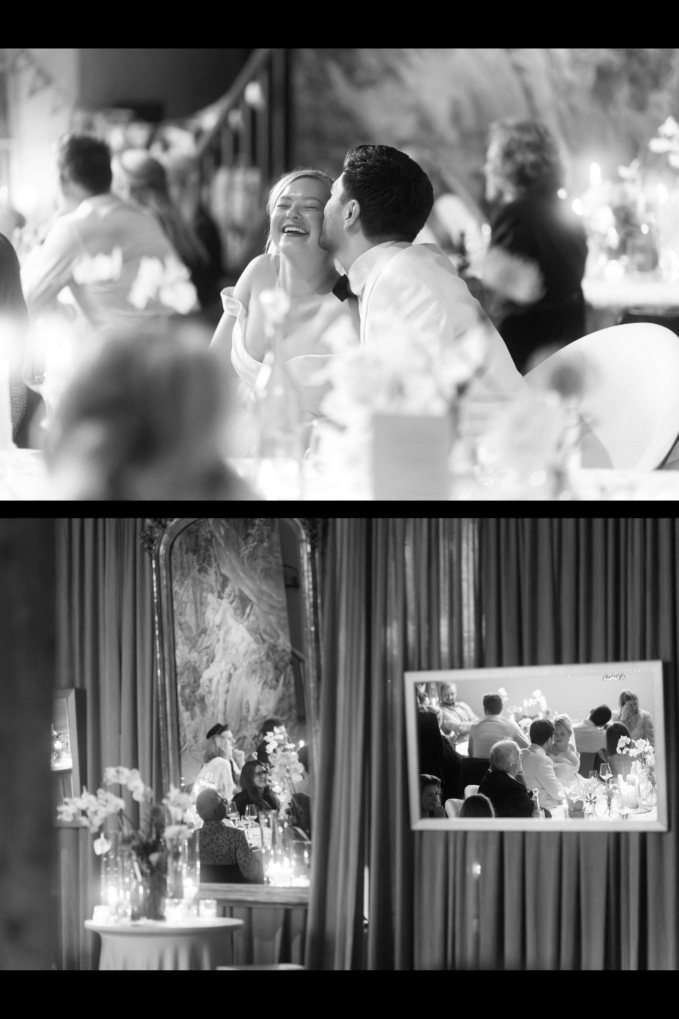 Black and white film stills showing people in conversation and social settings at what appears to be a party or gathering.