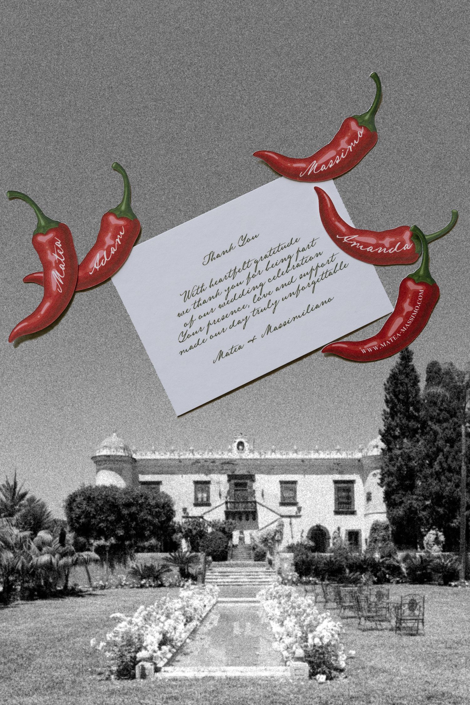 Collage of a mansion in black and white with red chili peppers and a handwritten thank you note floating above.