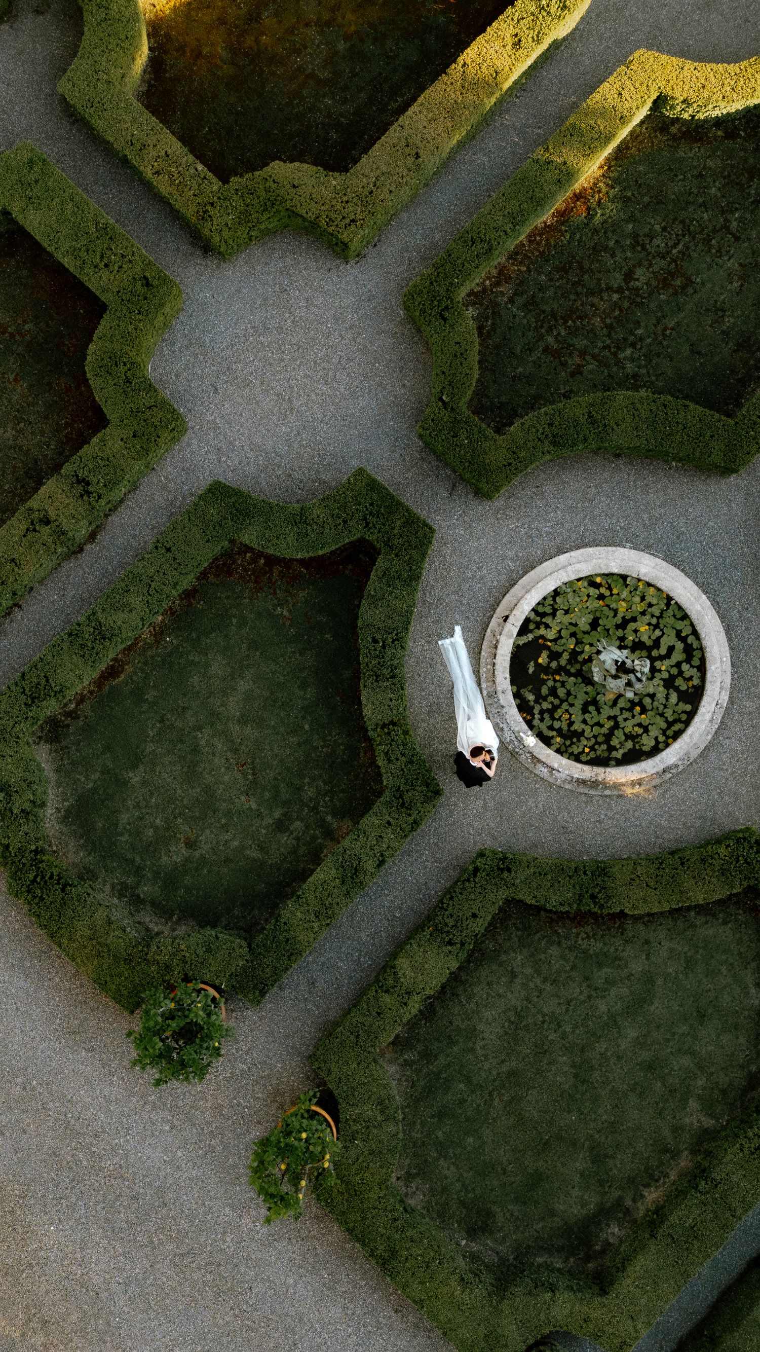 Aerial view of a formal garden with geometric hedges, a circular fountain, and a person in white lying on a path.