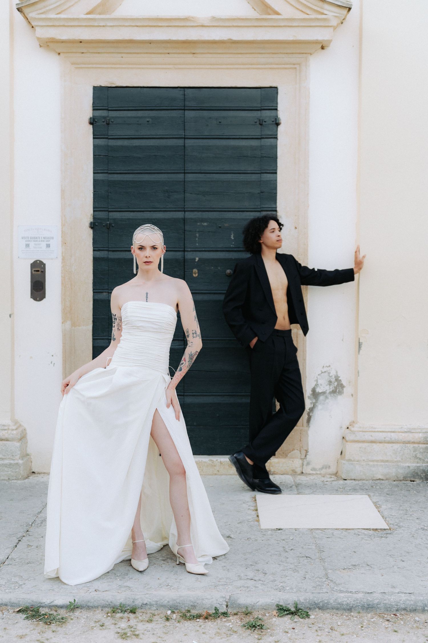 Artistic sequence of five wedding photos showing a bride in white dress against dark doors and light walls.