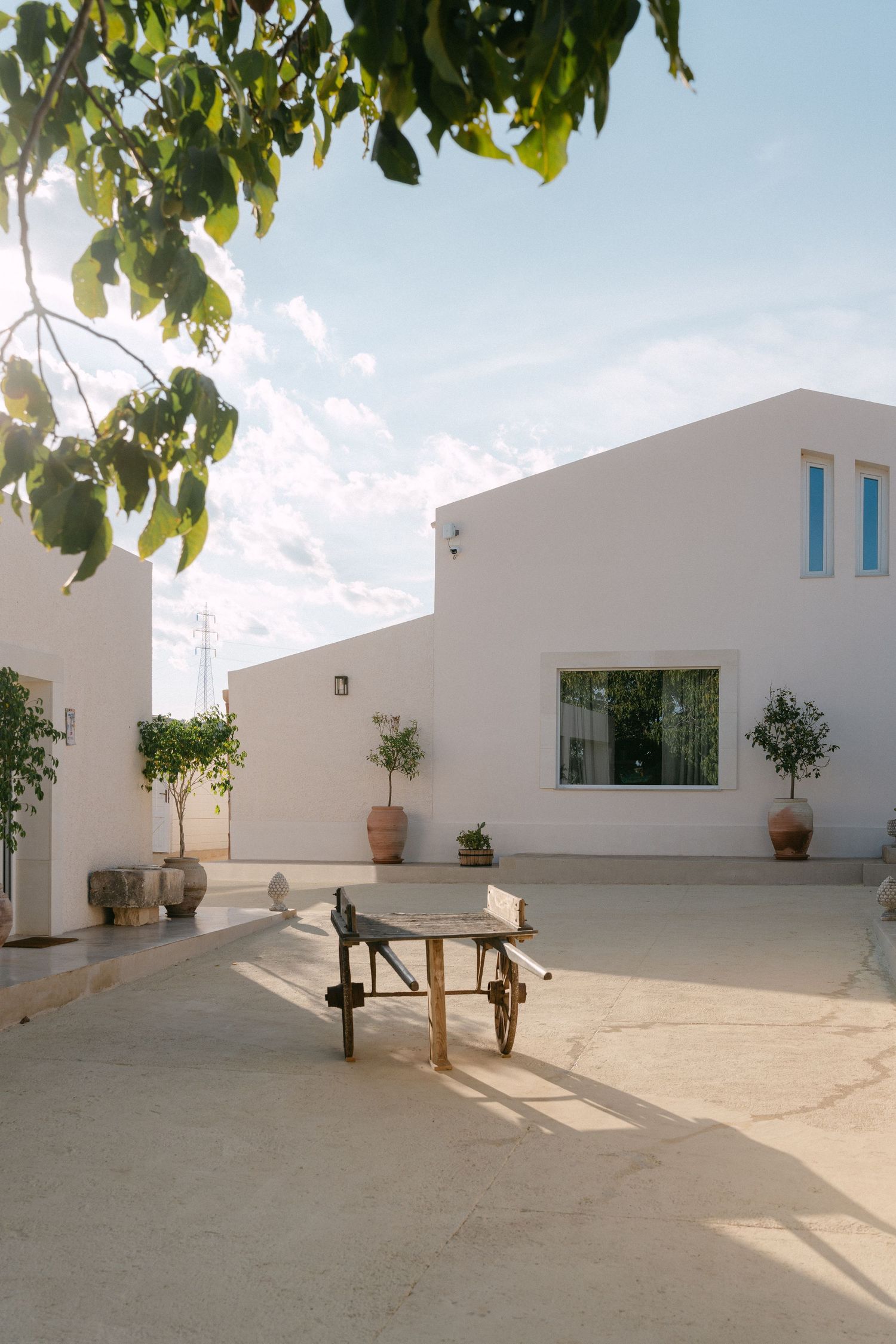 Minimalist white buildings with blue accents arranged in a desert courtyard setting.