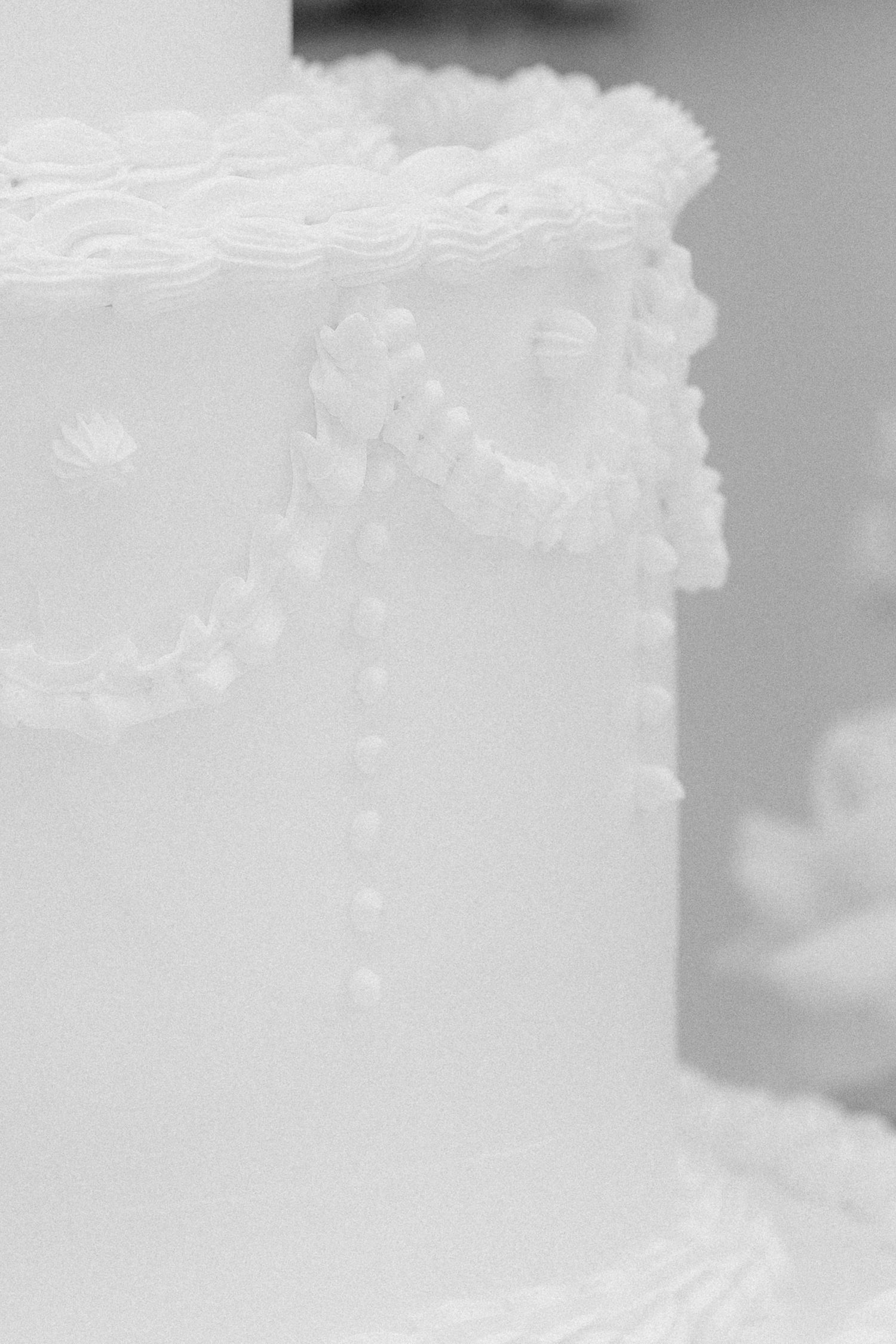 A close-up detail of a white wedding cake showing delicate dotted Swiss pattern piping and textured frosting. Villa Mosconi Bertani