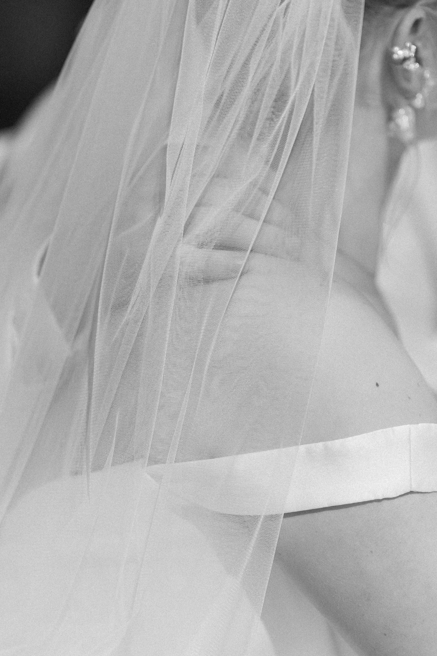 A delicate white bridal veil flows gracefully in a series of close-up wedding photography shots.