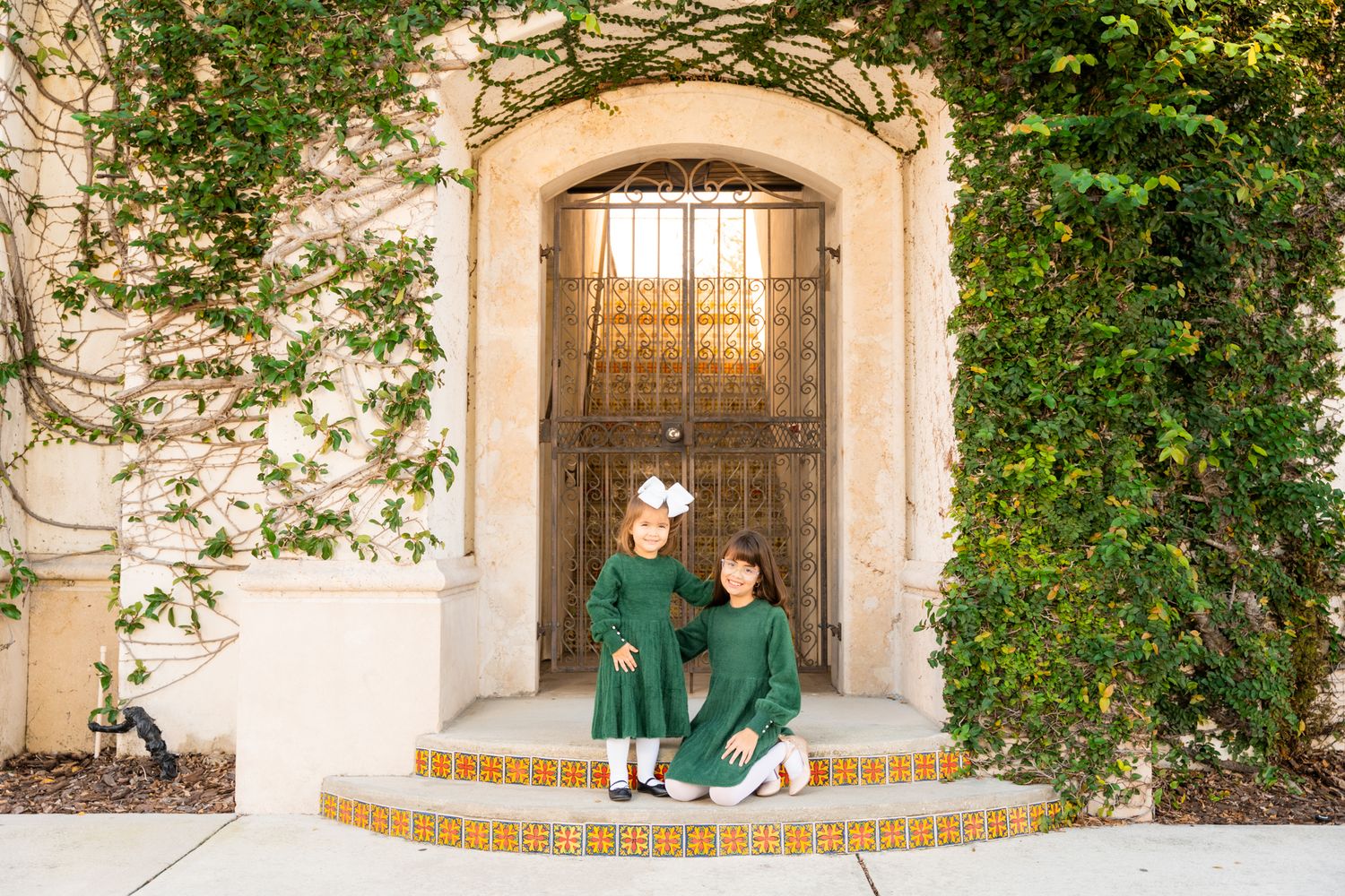Stone archway covered in lush green vines creates elegant outdoor photography setting.