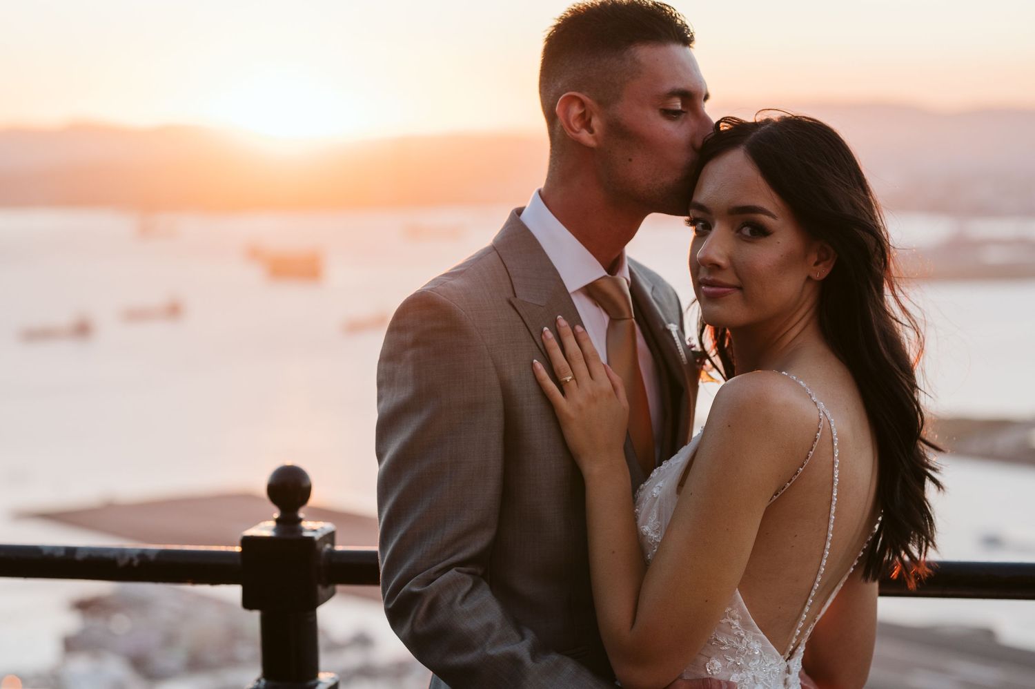 Bride and groom at the sunset in Gibraltar