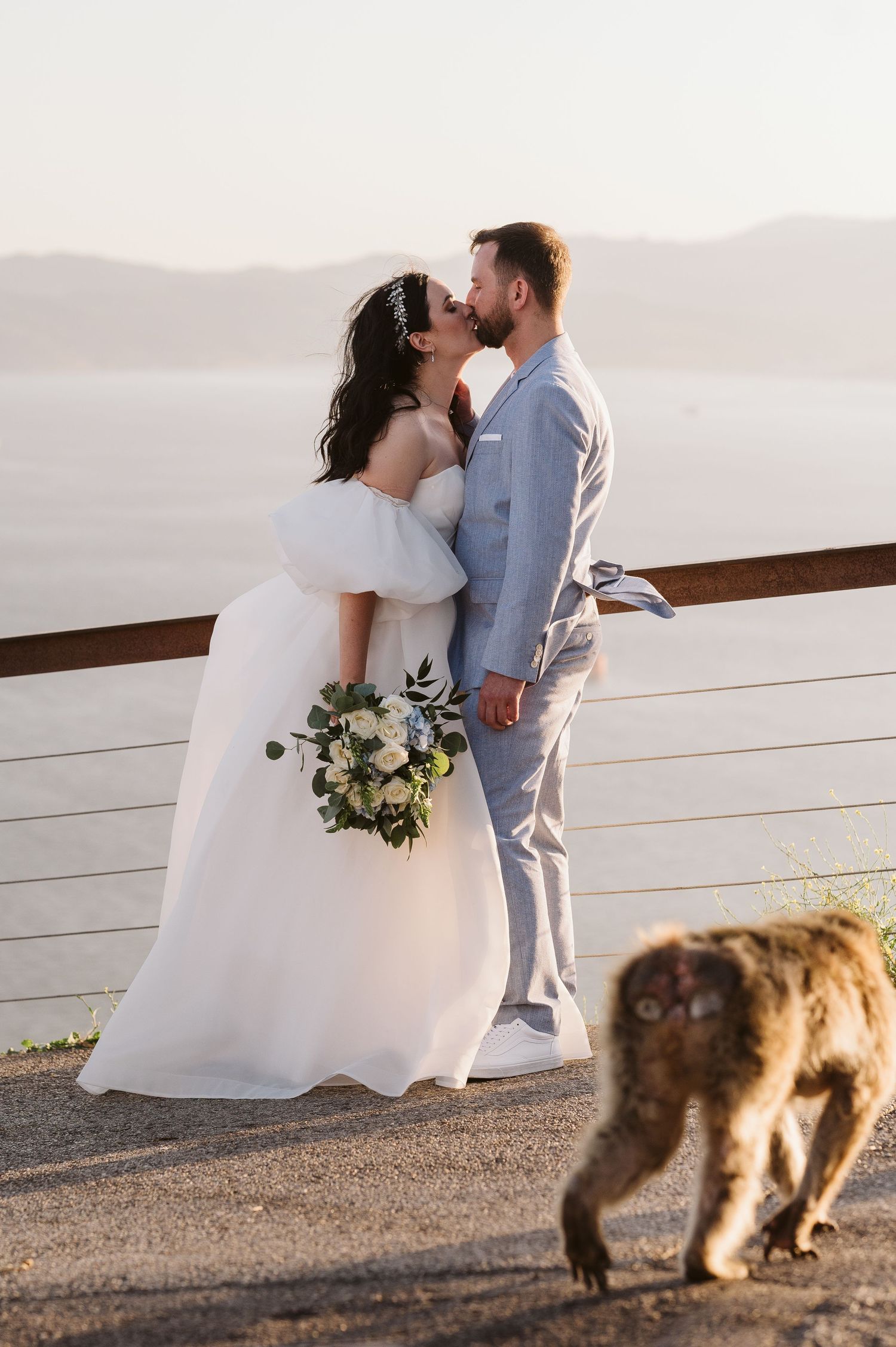 Groom and bride on top of the Rock of gibraltar