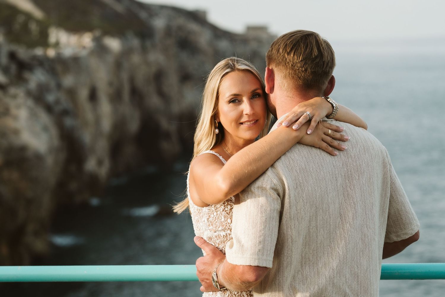 bride looking at the camera in a romantic shot at the Europa Point