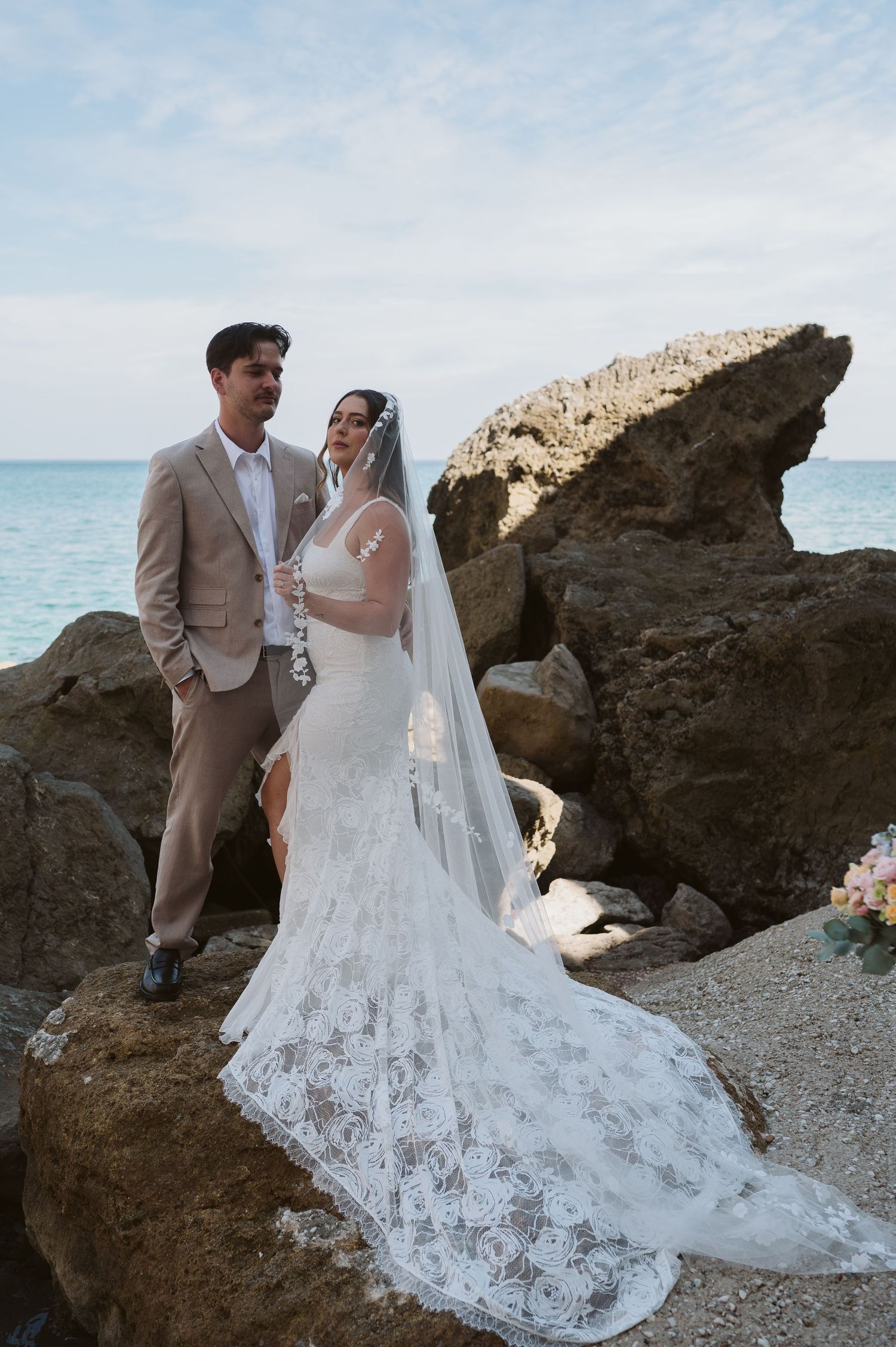 bride and groom editorial photo at Catalan bay