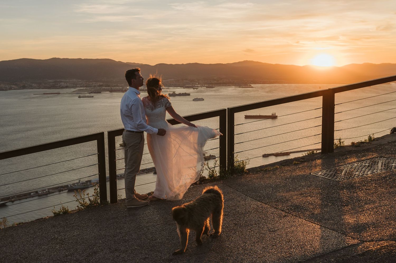wedding couple at the sunset with the monkey on top of the Rock