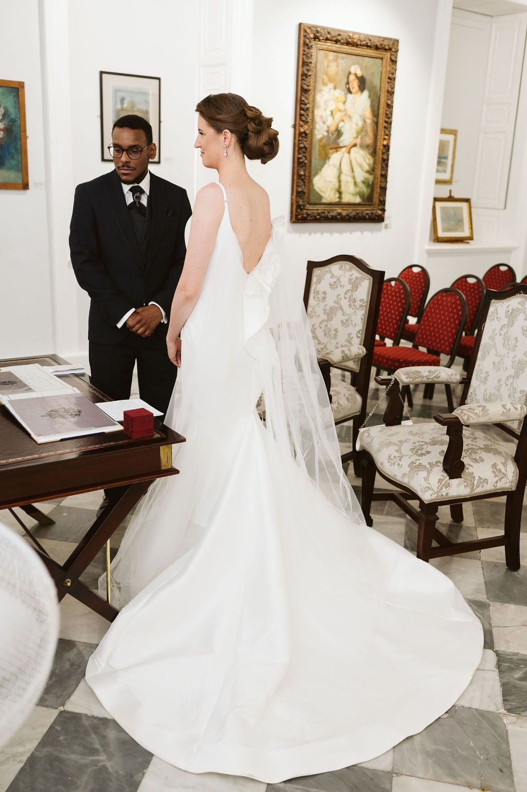 Bride amazing gown at the ceremony at the registry office in Gibraltar