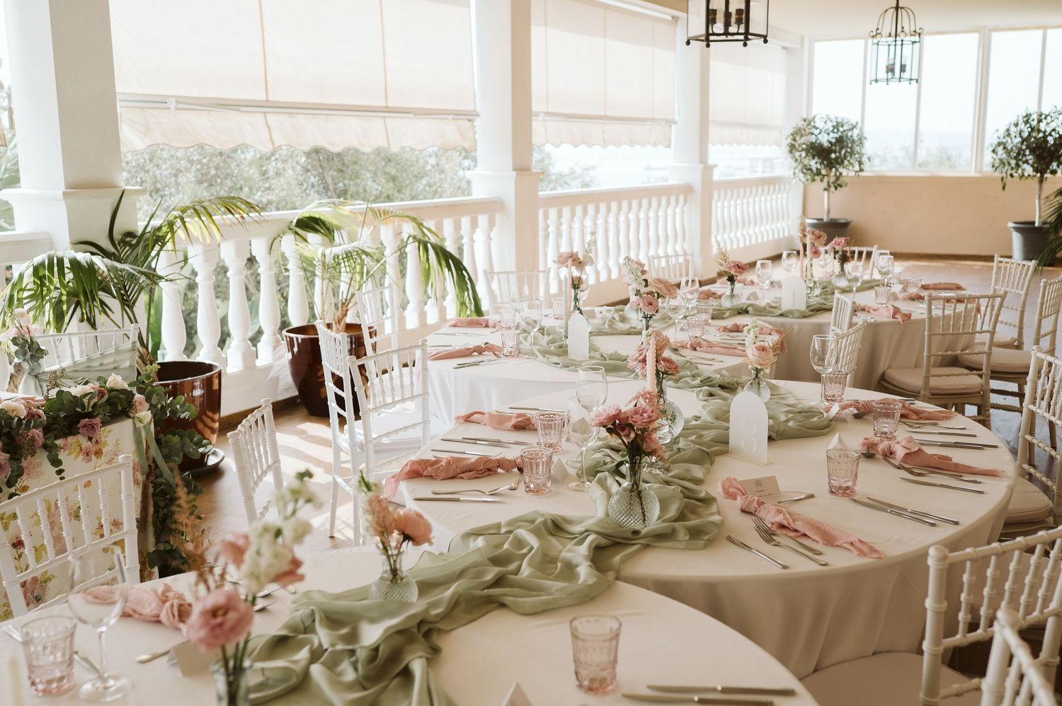 Wedding table setup on the terrace of Rock Hotel Gibraltar with bay views