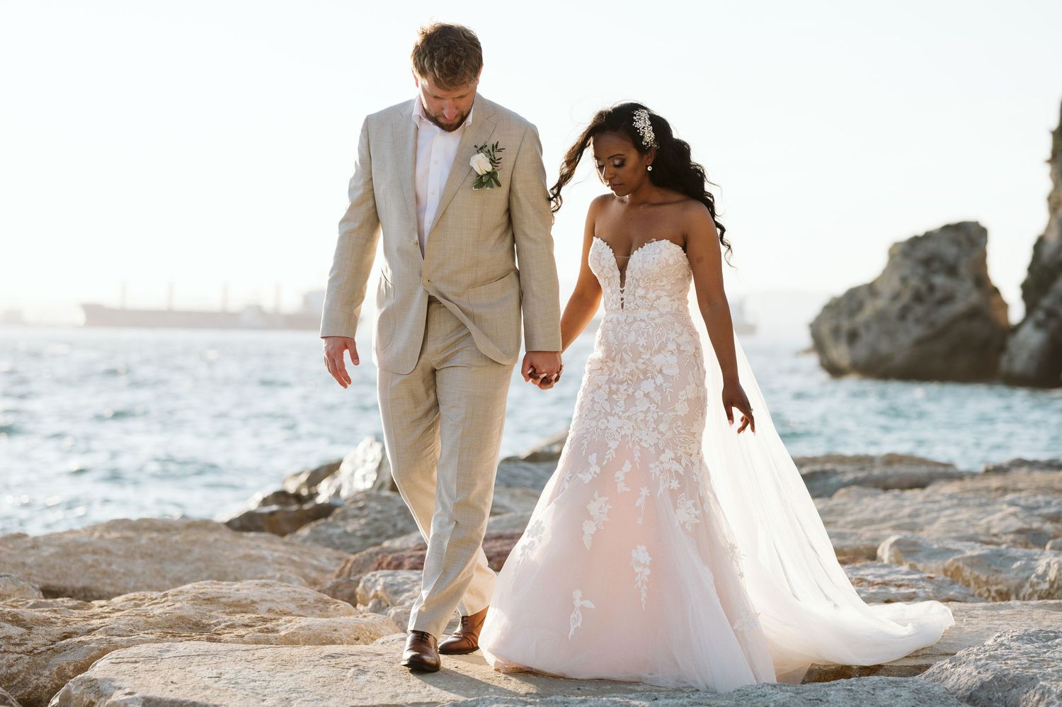 Bride and groom at sunset time at Camp Bay in gibraltar
