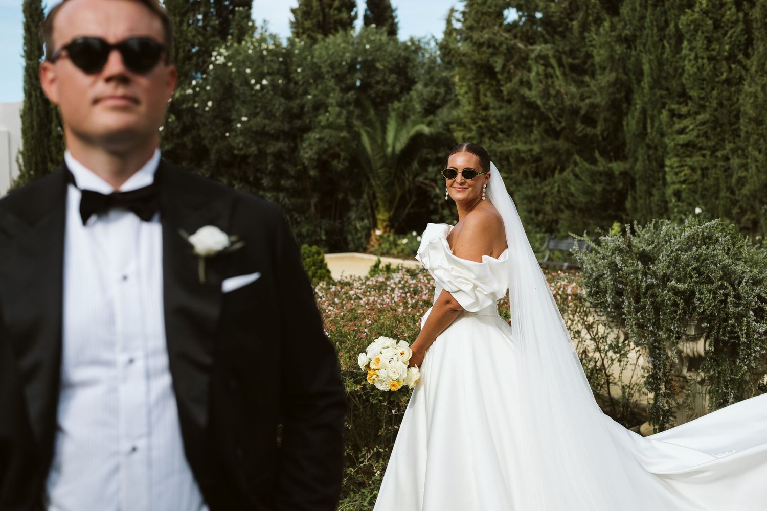 Bride and groom posing for a cool shot at finca Monasterio
