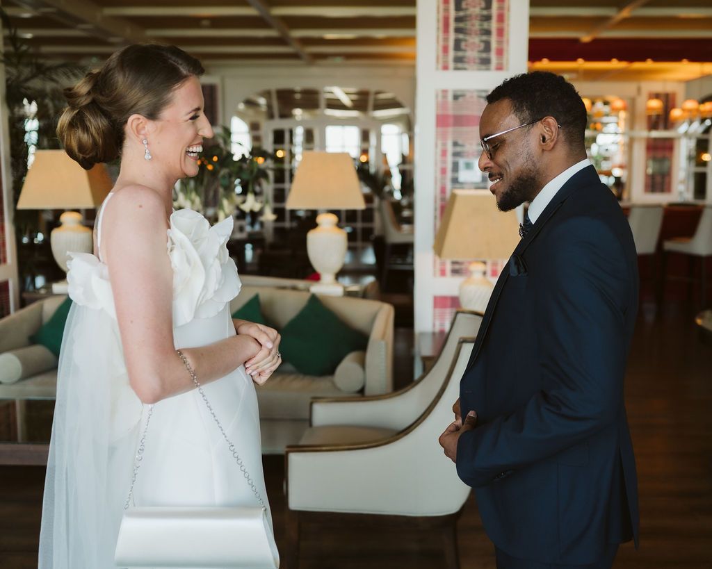 Groomn and bride first look at then Rock Hotel
