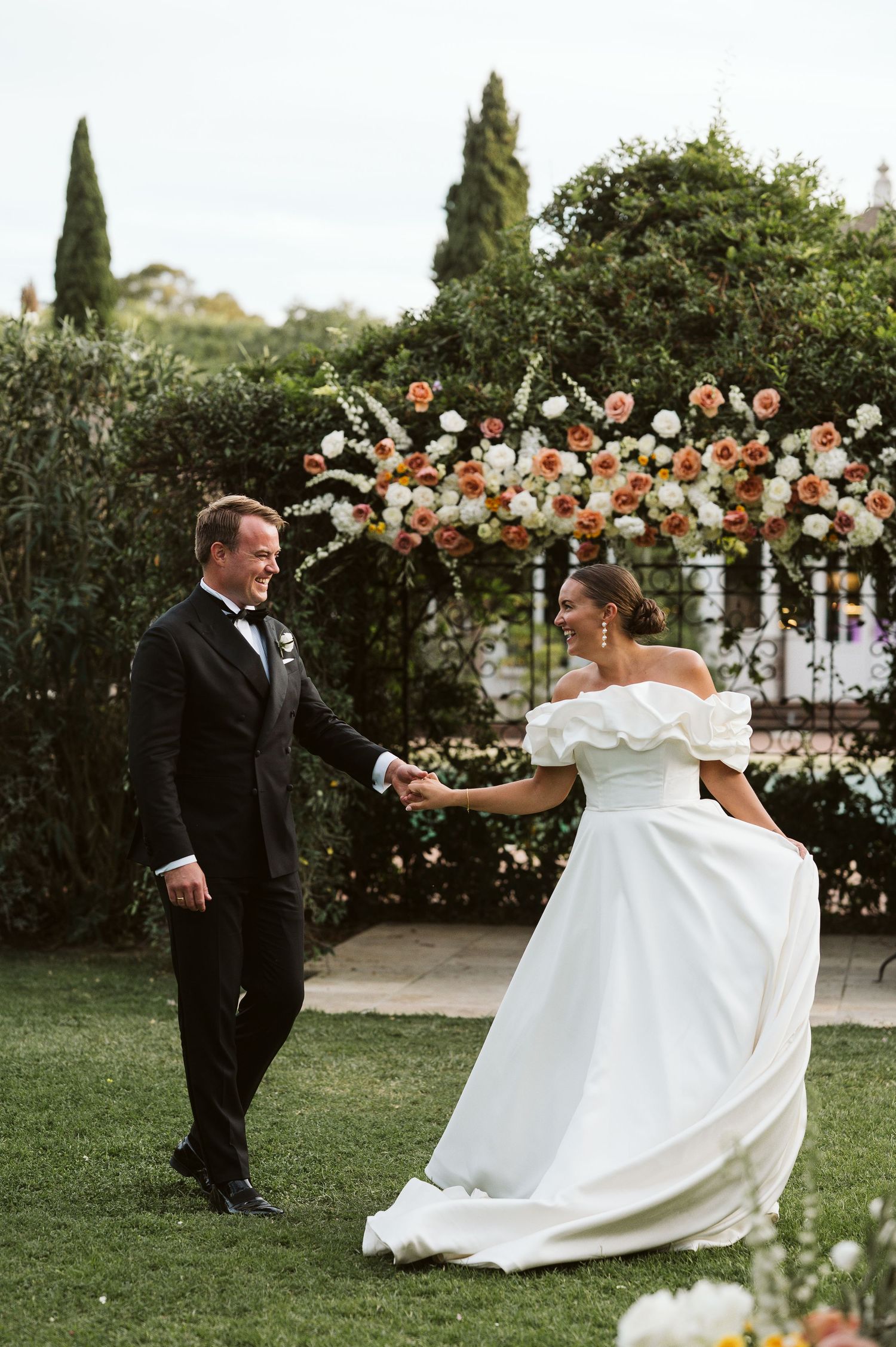 Bride and groom dancing at the ceremony spot at Finca Monasterio